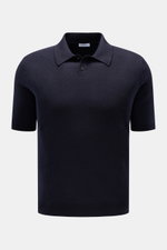 Iris von Arnim Kurzarm-Strickpolo 'Pavion' navy, frontale Nahaufnahme, Regular Fit, klassischer Polokragen, Zwei-Knopf-Leiste, Cashmere-Seide-Mix, weicher Griff.