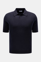 Iris von Arnim Kurzarm-Strickpolo 'Pavion' navy, frontale Nahaufnahme, Regular Fit, klassischer Polokragen, Zwei-Knopf-Leiste, Cashmere-Seide-Mix, weicher Griff.