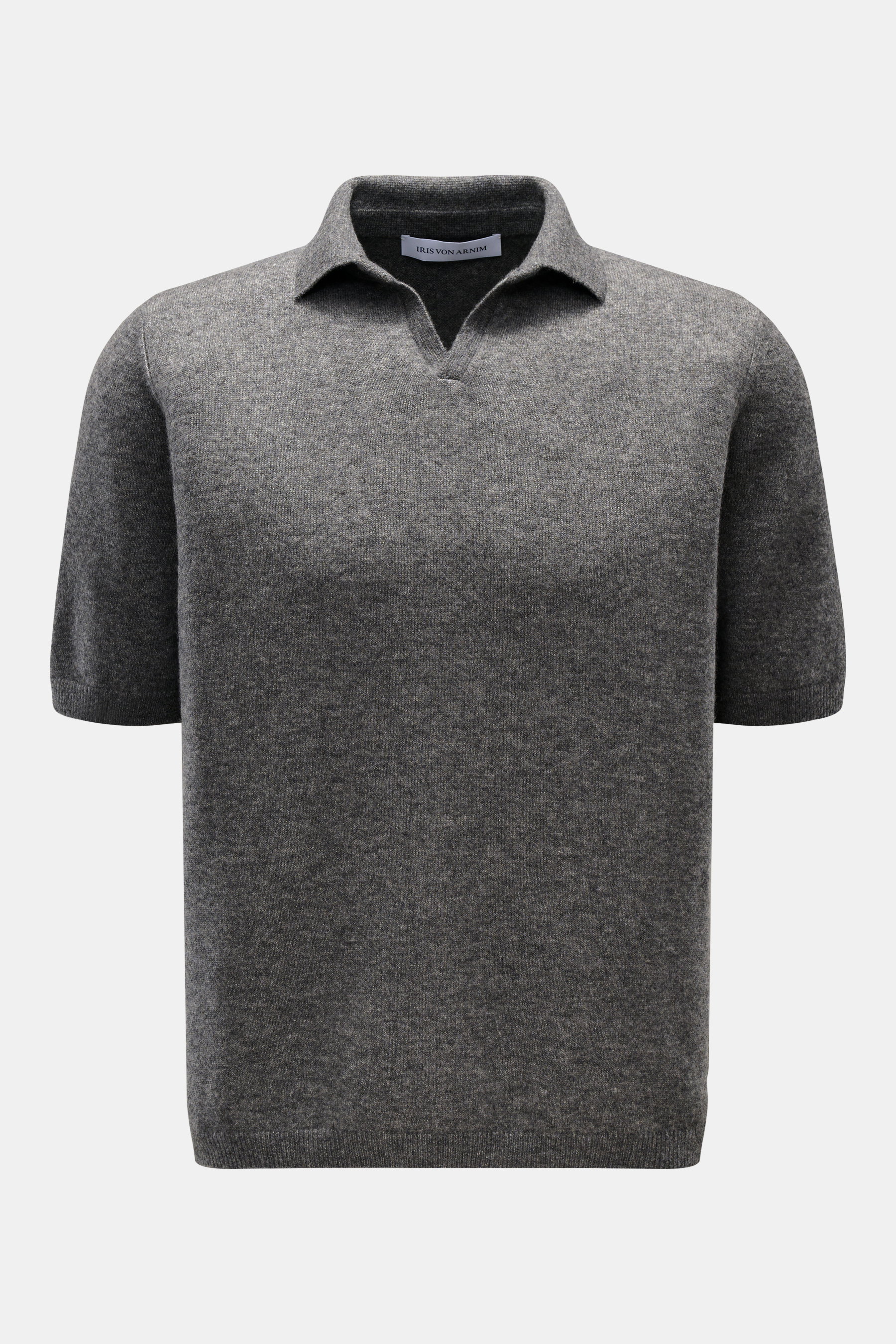 Iris von Arnim Kurzarm-Strickpolo 'Ameca' dunkelgrau meliert, frontal fotografiert, Regular Fit, weicher Griff, klassischer Polokragen, Mix aus Cashmere und Seide.