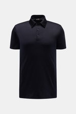 Colombo Cashmere Kurzarm-Strickpolo navy meliert, Slim Fit, feines Strickbild, klassischer Polokragen, reiner Cashmere, weicher Griff, frontal fotografiert.