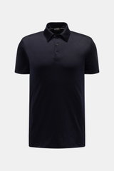 Colombo Cashmere Kurzarm-Strickpolo navy meliert, Slim Fit, feines Strickbild, klassischer Polokragen, reiner Cashmere, weicher Griff, frontal fotografiert.
