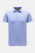 B.F. Knitwear Jersey-Poloshirt blau meliert, Slim Fit, reine Baumwolle, weicher Griff, klassischer Polokragen, Frontansicht, kurzarm, vielseitiges Basic.