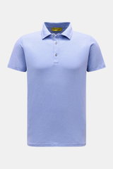 B.F. Knitwear Jersey-Poloshirt blau meliert, Slim Fit, reine Baumwolle, weicher Griff, klassischer Polokragen, Frontansicht, kurzarm, vielseitiges Basic.