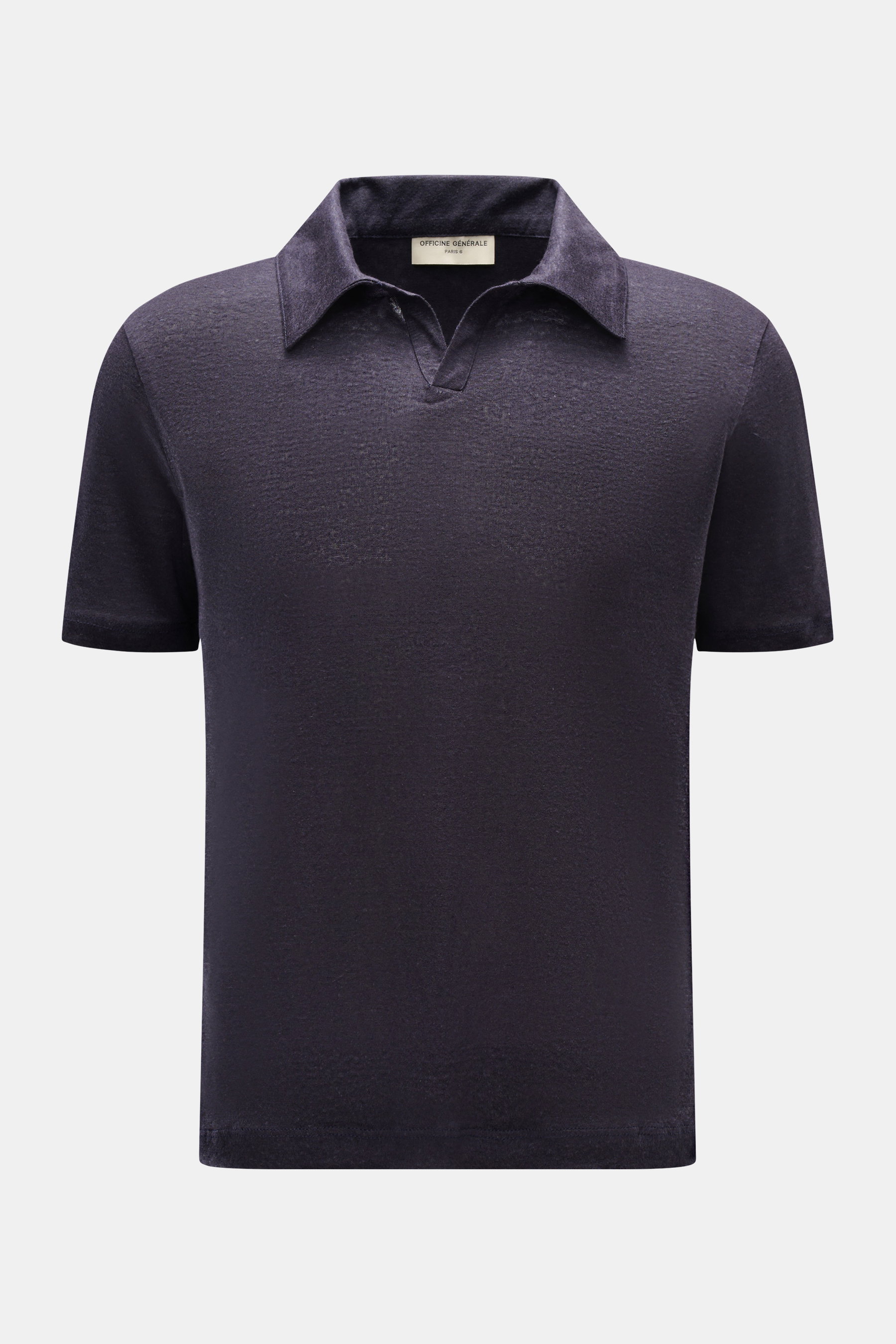 Officine Générale Kurzarm-Strickpolo 'Simon' navy meliert, frontal fotografiert, aus reinem Leinen, Regular Fit, weicher Griff, feines Strickbild, klassischer Polokragen. Stilvoll für Frühling und Sommer, ideal fürs Office und Freizeit.
