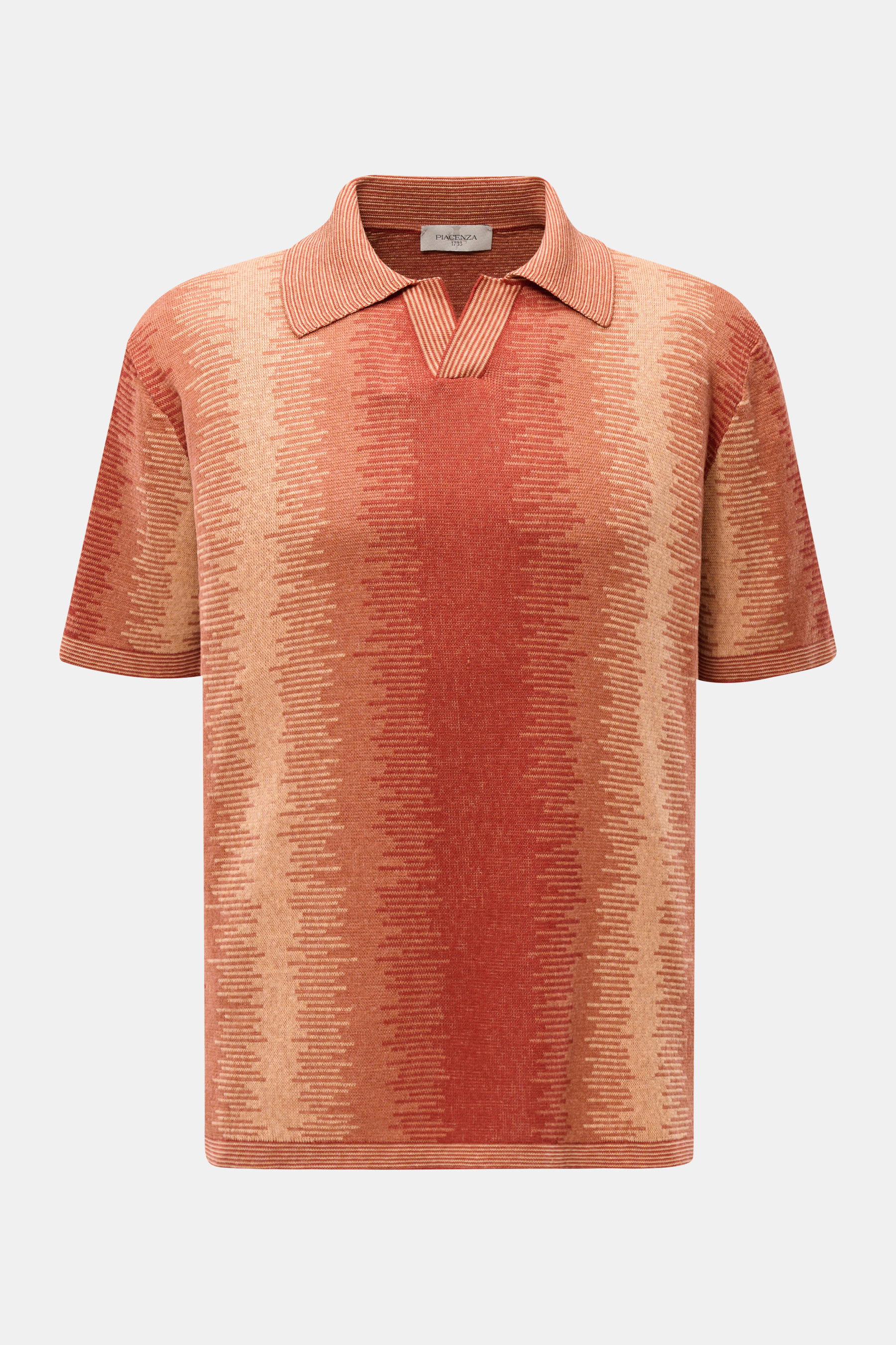 Front view of Piacenza 1733 Short sleeve knit polo red/light red/apricot patterned, featuring a slim fit, lightweight silk and cotton knit, fine knit with contrasting color knit pattern, knit polo shirt collar, and open collar strip. 

<p>A touch of luxur
