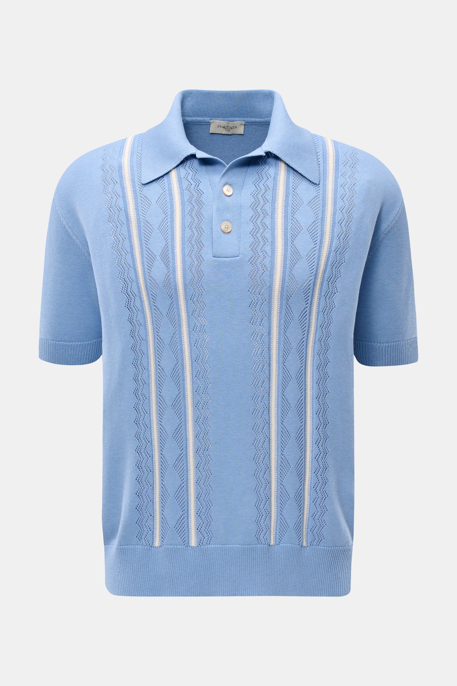 Front view of Piacenza 1733 Short sleeve knit polo smoky blue with fine silk-cotton blend, perforated knit, two-button placket, and knit contrasting stripes. 

Description: <p>Get a tasteful look for the summer season: This short sleeve knit polo by PIACE