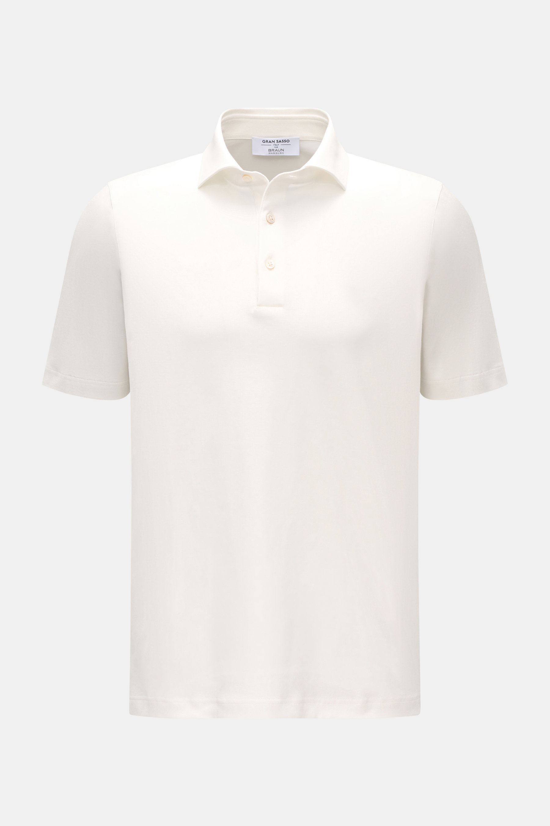 Front view of Gran Sasso Jersey-Poloshirt offwhite, a slim fit, short-sleeve polo with a classic collar made of soft pure cotton, ideal for spring and summer. Vielseitiger Klassiker für die warme Saison: Das Jersey-Poloshirt von GRAN SASSO wird zum unverz