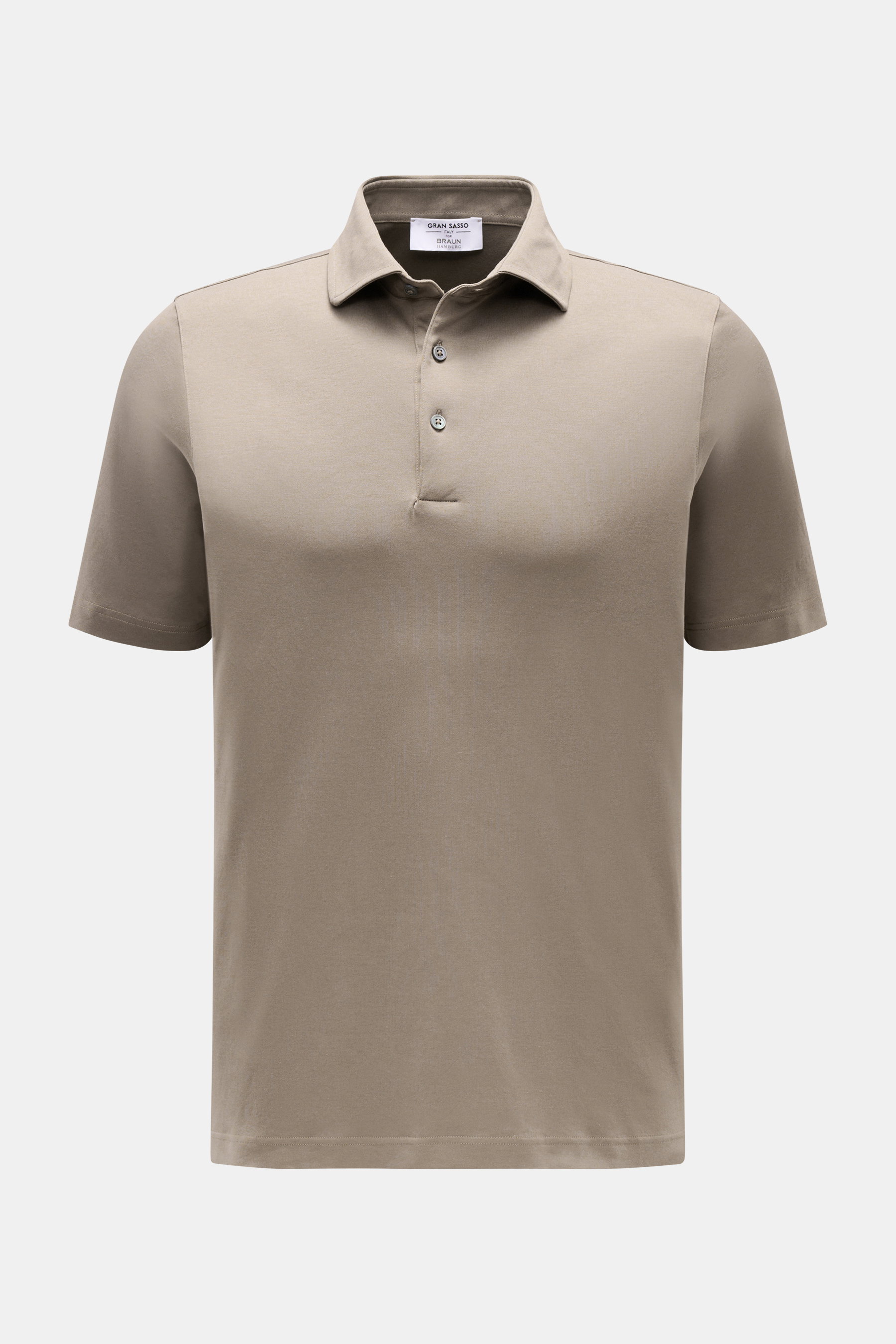 Front view of Gran Sasso Jersey-Poloshirt oliv in olive, a versatile classic for warm seasons with pure cotton, soft feel, slim fit, and a traditional polo collar.