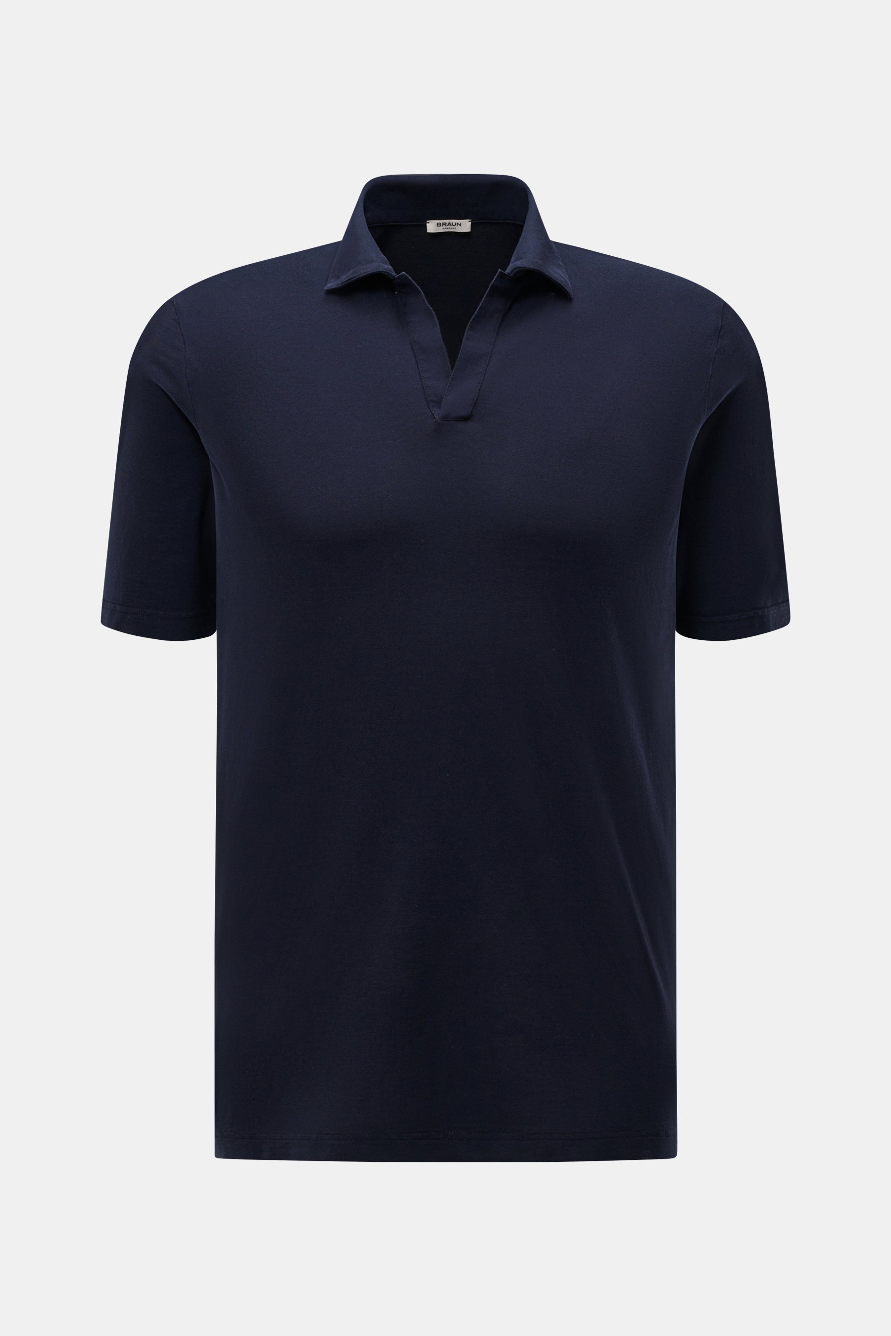 Frontansicht des BRAUN Hamburg Jersey-Poloshirt navy aus reiner Baumwolle, Slim Fit, offener Kragenleiste, seitliche Saumschlitze.