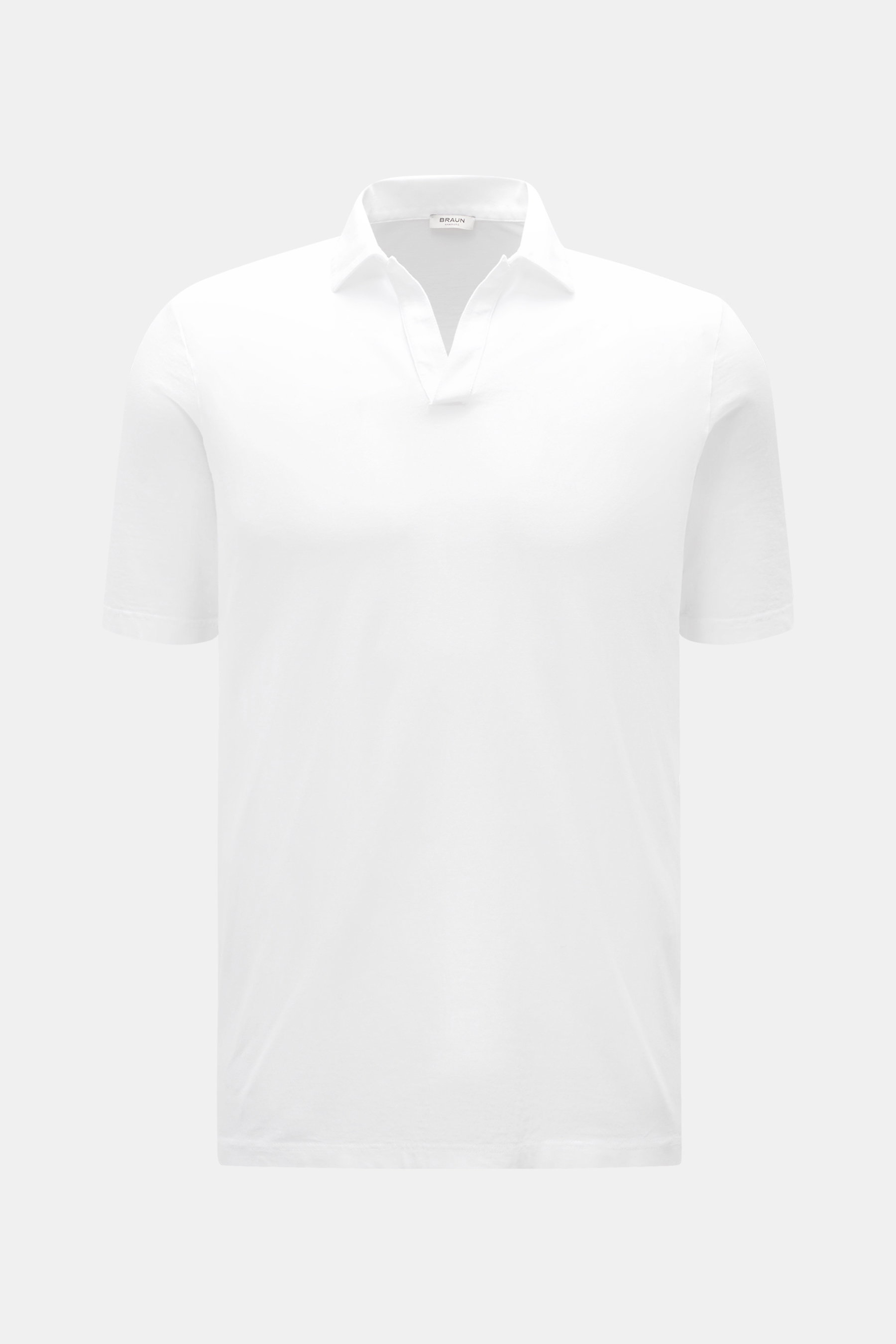 BRAUN Hamburg Jersey-Poloshirt weiß, Slim Fit, reine Baumwolle, offene Kragenleiste, seitliche Saumschlitze, Vorderansicht, feiner Jersey, sportiv und leger.