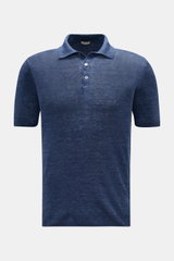 Gran Sasso Leinen Kurzarm-Strickpolo graublau, Slim Fit, reine Leinenstruktur, Polokragen, Drei-Knopf-Leiste, Rippbündchen, Frontansicht.