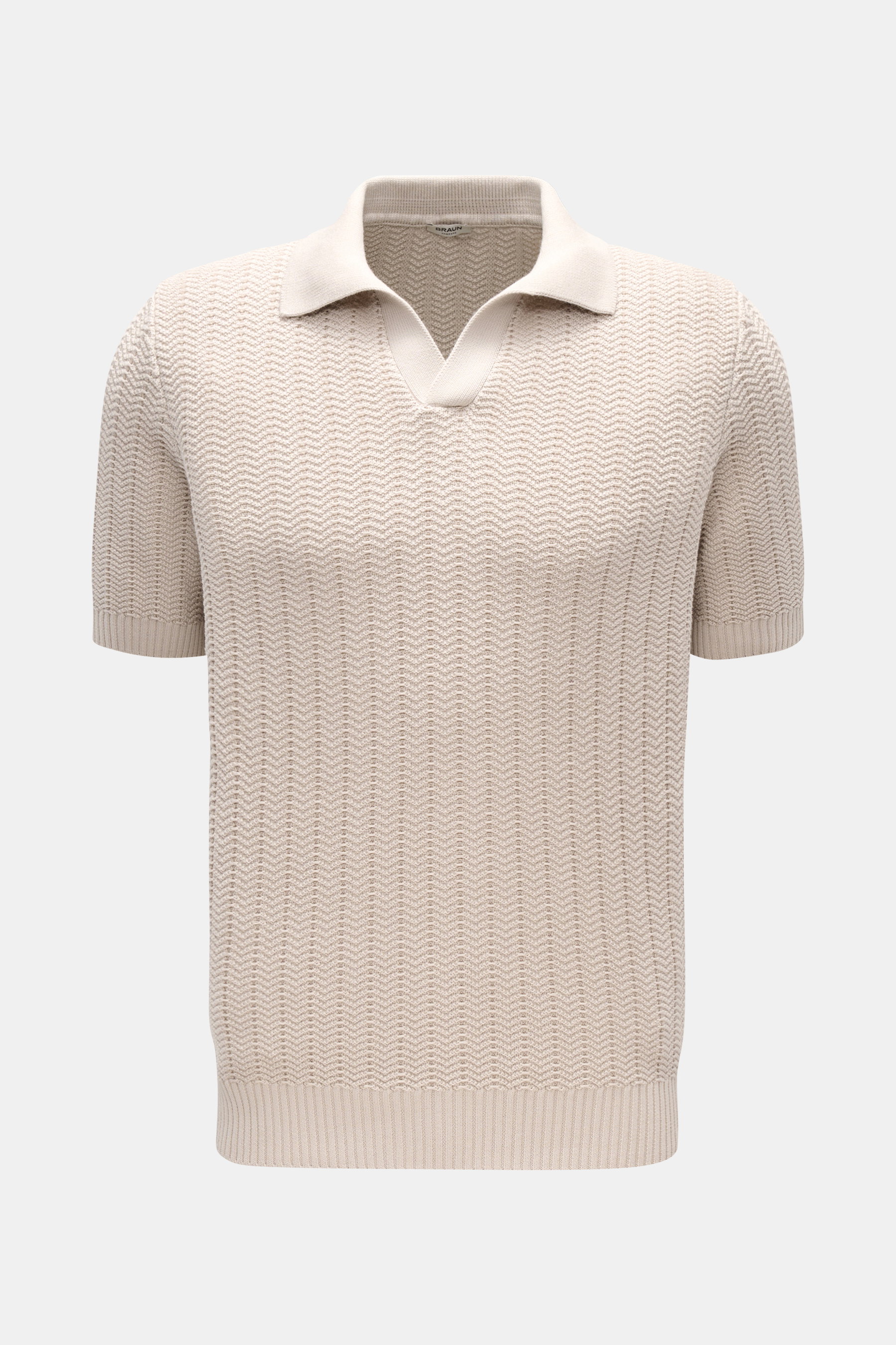Gran Sasso Kurzarm-Strickpolo beige in Slim Fit, frontale Ansicht, strukturierter Baumwollstrick mit offenem Kragen und breiten Rippbündchen.
