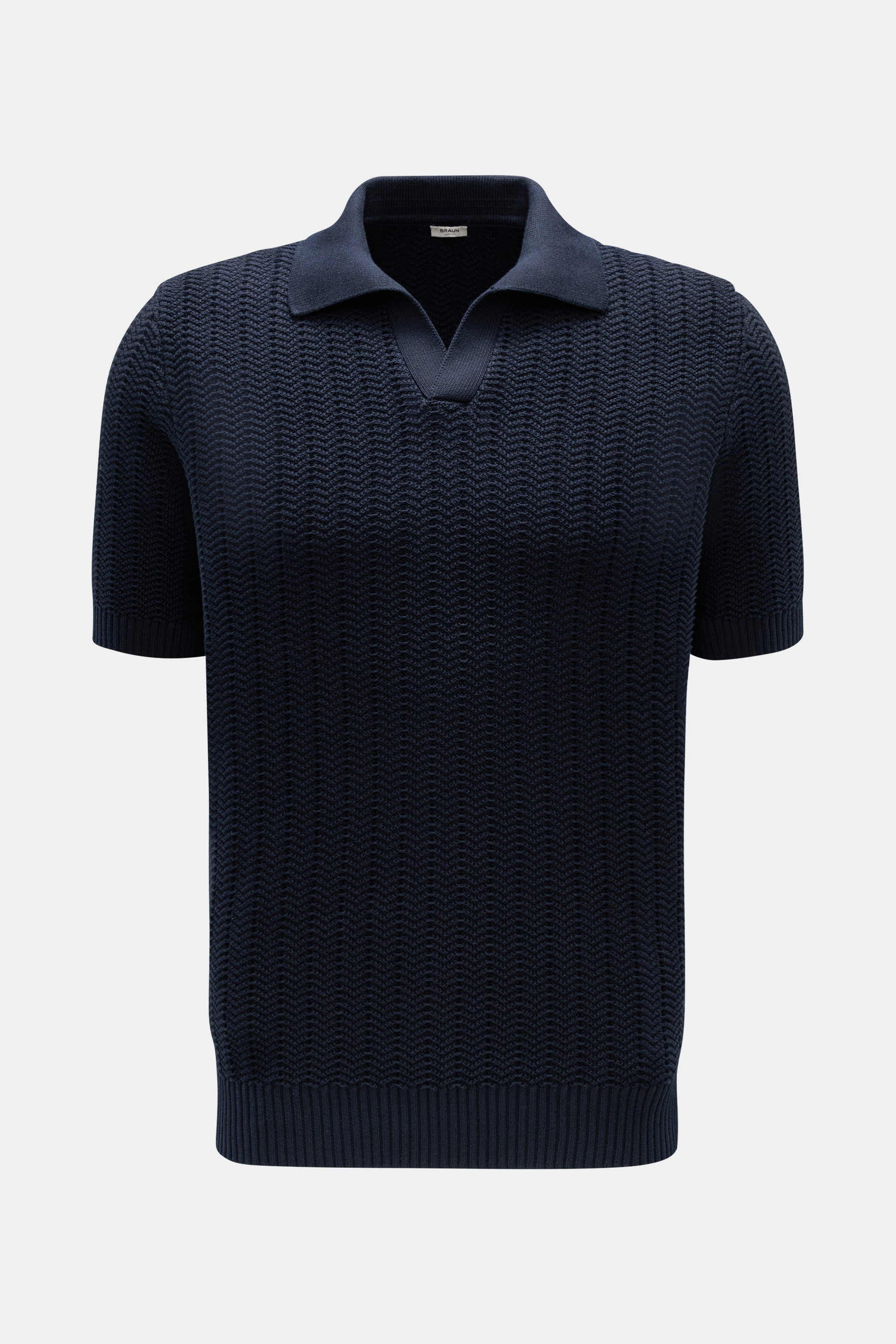 Gran Sasso Kurzarm-Strickpolo navy, Slim Fit, aus reiner Baumwolle mit markantem Strickbild, offener Kragenleiste und breiten Rippbündchen, frontale Perspektive.