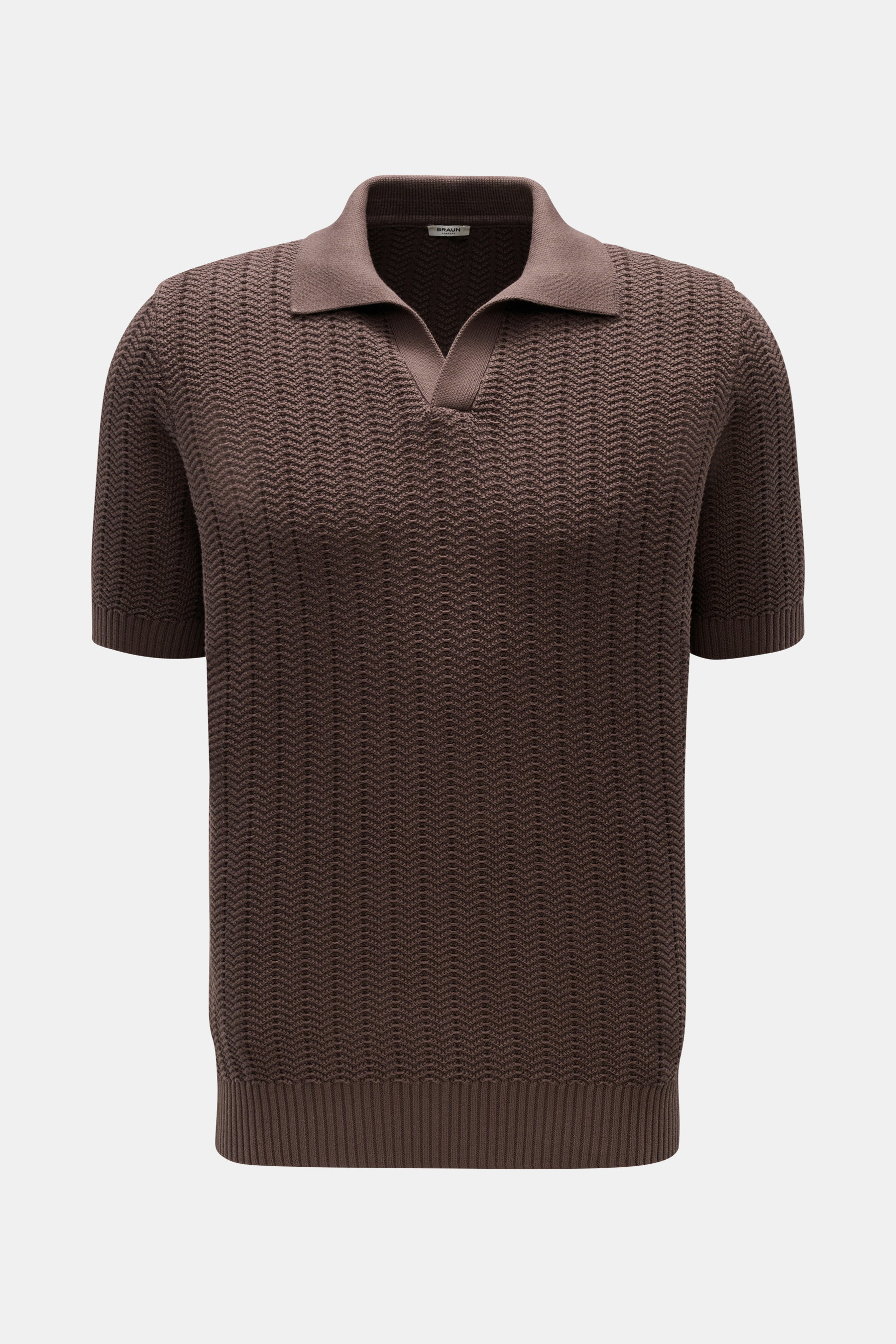 Gran Sasso Kurzarm-Strickpolo dunkelbraun in Slim Fit, von vorne fotografiert mit klassischem Polokragen, offener Kragenleiste und breiten Rippbündchen aus reiner Baumwolle.