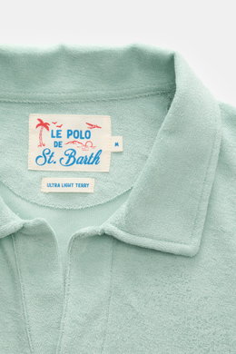 MC2 Saint Barth Frottee-Poloshirt 'Jeremy' mintgrün, Nahaufnahme von oben, weicher Lyocell-Baumwollstoff, Slim Fit, offener Kragen.