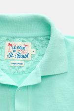 MC2 Saint Barth Poloshirt 'Charles' mintgrün, Detailaufnahme von oben auf den elastischen Baumwoll-Piqué-Kragen mit Label und weichem Griff