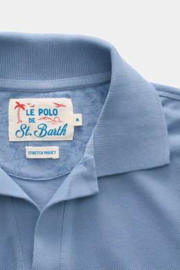 Close-up front view of MC2 Saint Barth Polo shirt 'Charles' smoky blue, showing pure stretch piqué cotton fabric, soft feel, slim fit collar, and branded label inside. <section class="text-token-text-primary w-full focus:outline-none [--shadow-height:45px