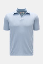 MC2 Saint Barth Kurzarm-Strickpolo rauchblau, Slim Fit, feines Strukturstrick aus Leinen-Baumwolle, offene Kragenleiste, frontale Nahaufnahme