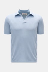 MC2 Saint Barth Kurzarm-Strickpolo rauchblau, Slim Fit, feines Strukturstrick aus Leinen-Baumwolle, offene Kragenleiste, frontale Nahaufnahme