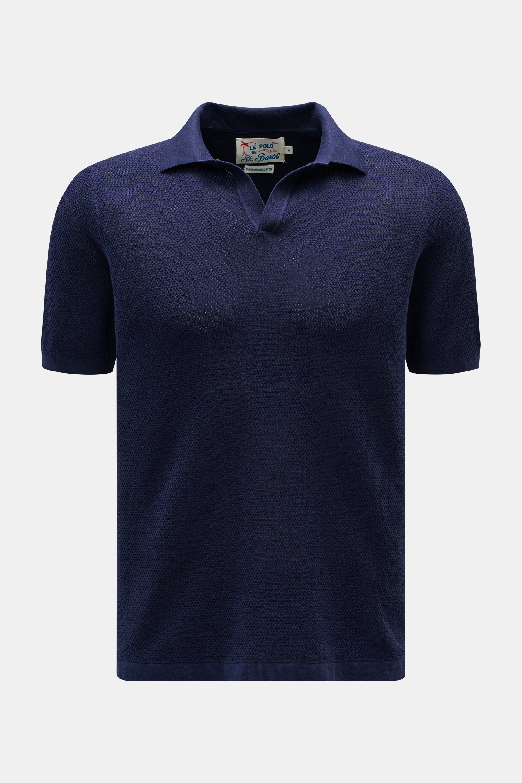 Front view of MC2 Saint Barth Short sleeve knit polo 'Sloan' navy in fine textured pure cotton with a slim fit and open collar. 

<p>Light and summery: This knit polo shirt by <span class="hover:entity-accent entity-underline inline cursor-pointer align-b