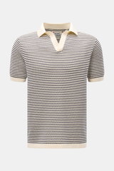 MC2 Saint Barth Kurzarm-Strickpolo 'Sloan' creme/navy gestreift, Slim Fit, feiner Baumwoll-Strick, Polokragen, frontale Nahaufnahme.