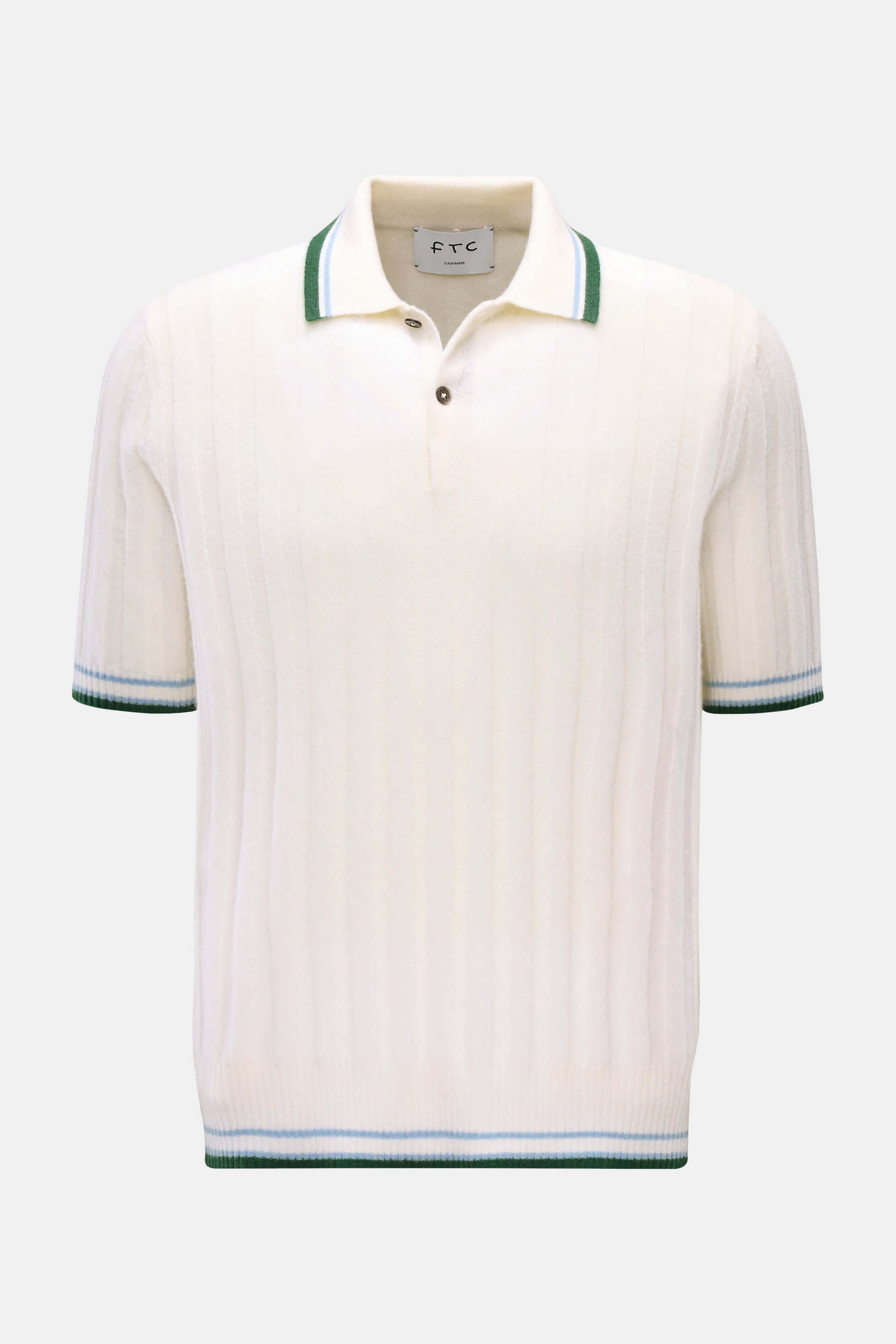 FTC Cashmere Kurzarm-Strickpolo creme in Frontansicht, reiner Cashmere, breites Rippstrick-Design, farblich abgesetzte Streifen an Kragen, Bündchen und Bund.