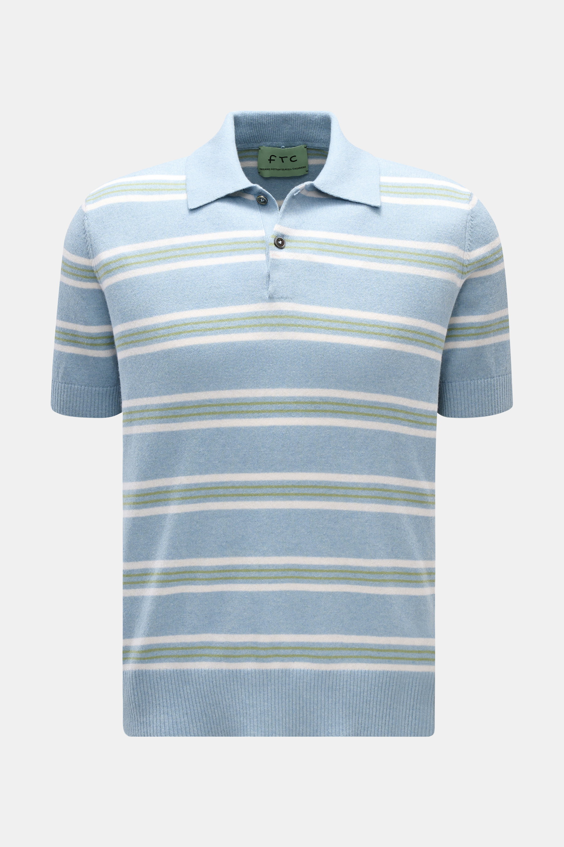 FTC Short sleeve knit polo light blue/white/green striped shown from the front, featuring a slim fit, two-button placket, and ribbed bands. <p>FTC presents this short sleeve knit polo in a fine blend of cotton, SeaCell and cashmere with an all-over stripe