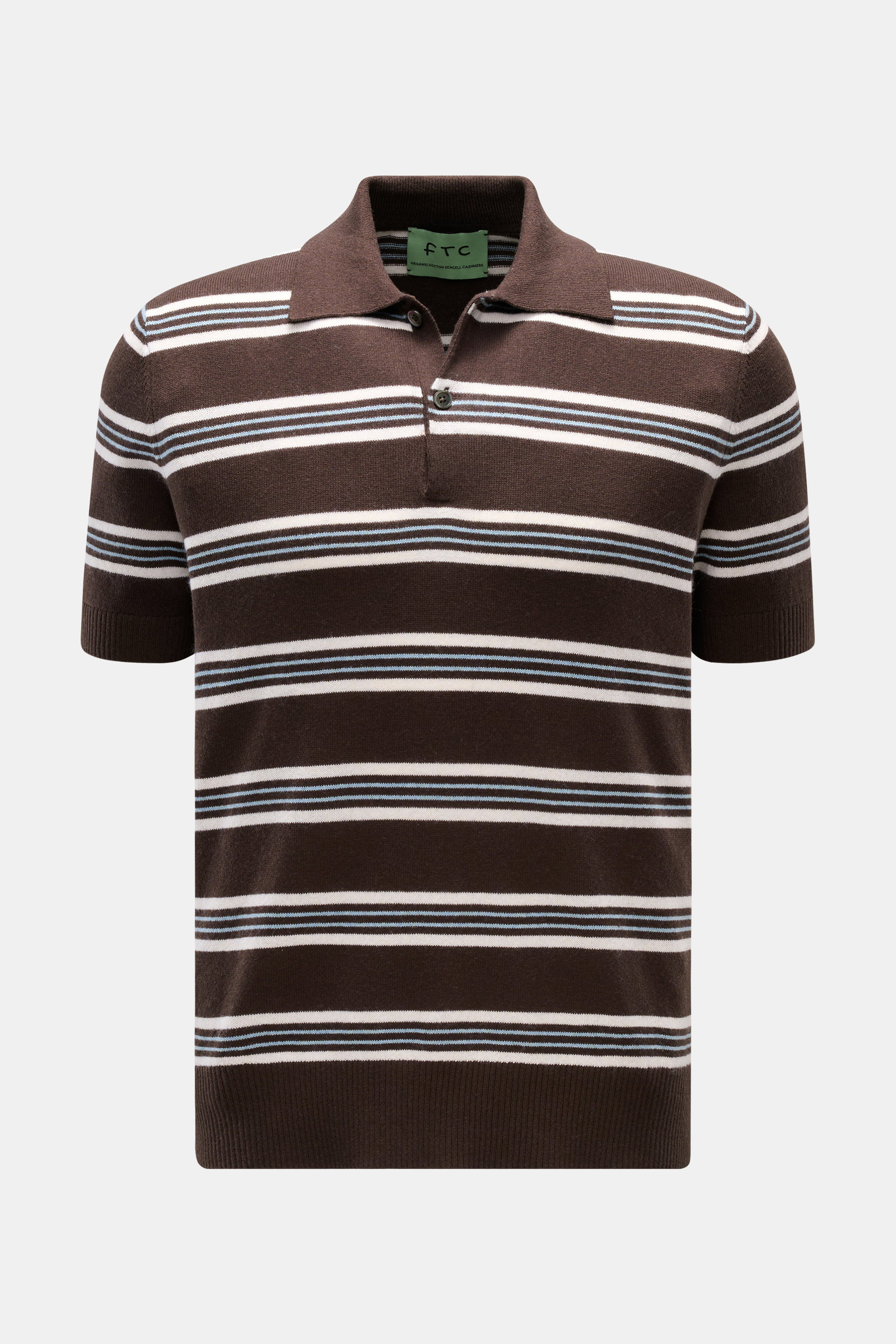 Front view of the FTC Short sleeve knit polo dark brown/cream/light blue striped with fine knit, slim fit, two-button placket, and signature collar.

<p>FTC presents this short sleeve knit polo in a fine blend of cotton, SeaCell and cashmere with an all-o