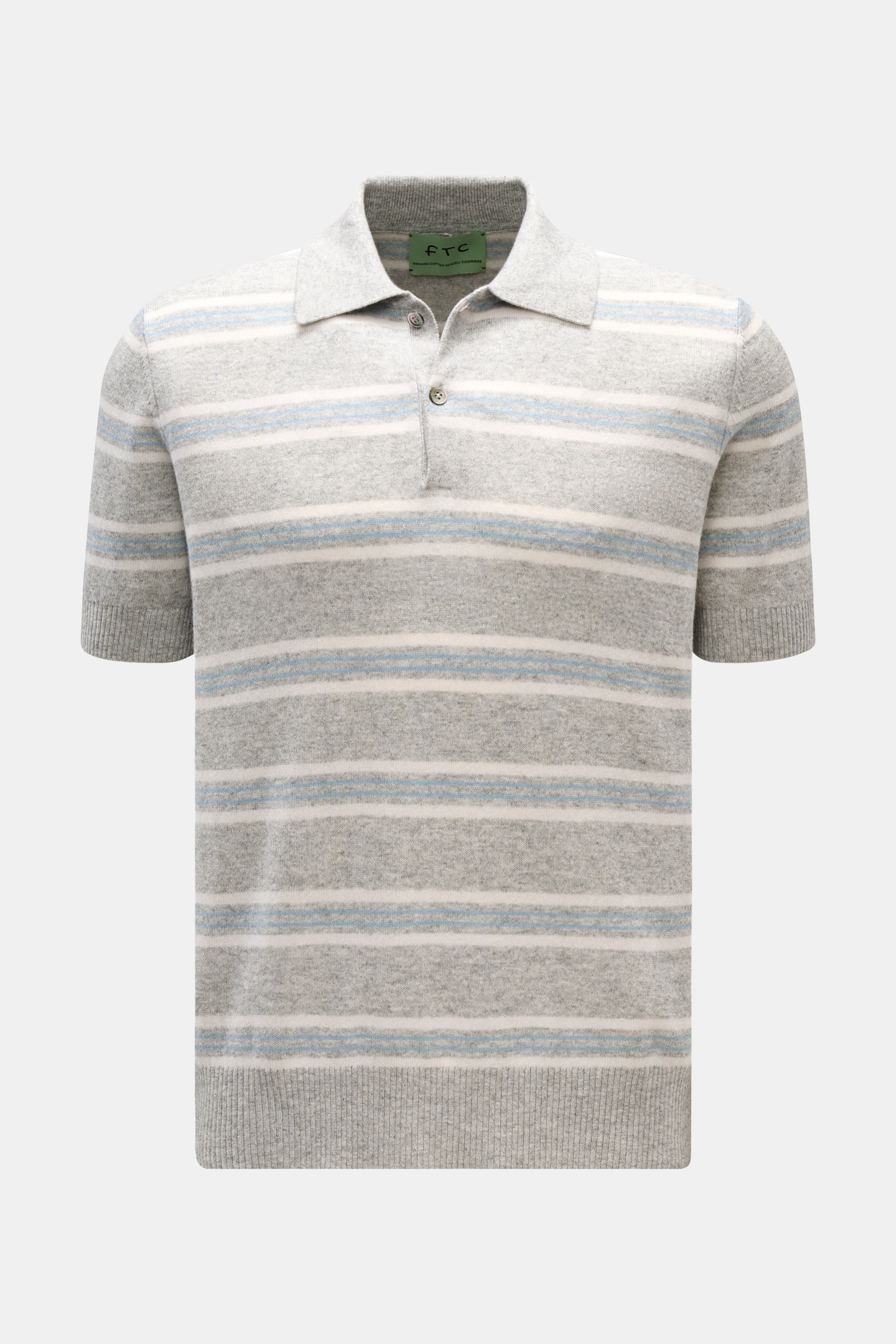 Front view of the FTC Short sleeve knit polo grey/light blue/white striped, showing a slim fit with two-button placket and ribbed bands.

Description: <p>FTC presents this short sleeve knit polo in a fine blend of cotton, SeaCell and cashmere with an all-