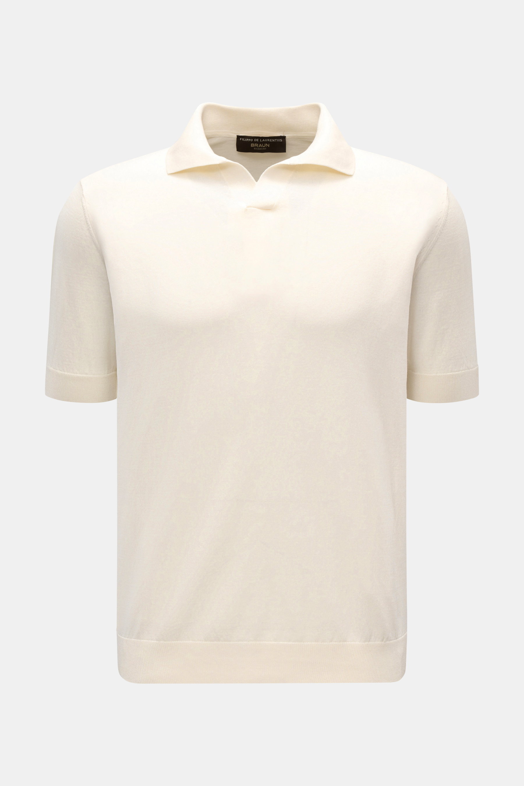 Filmpo de Laurentiis Kurzarm-Strickpolo creme, frontal fotografiert, Slim Fit, feiner Baumwollstrick, Polokragen mit offener Kragenleiste, Rippbündchen.
