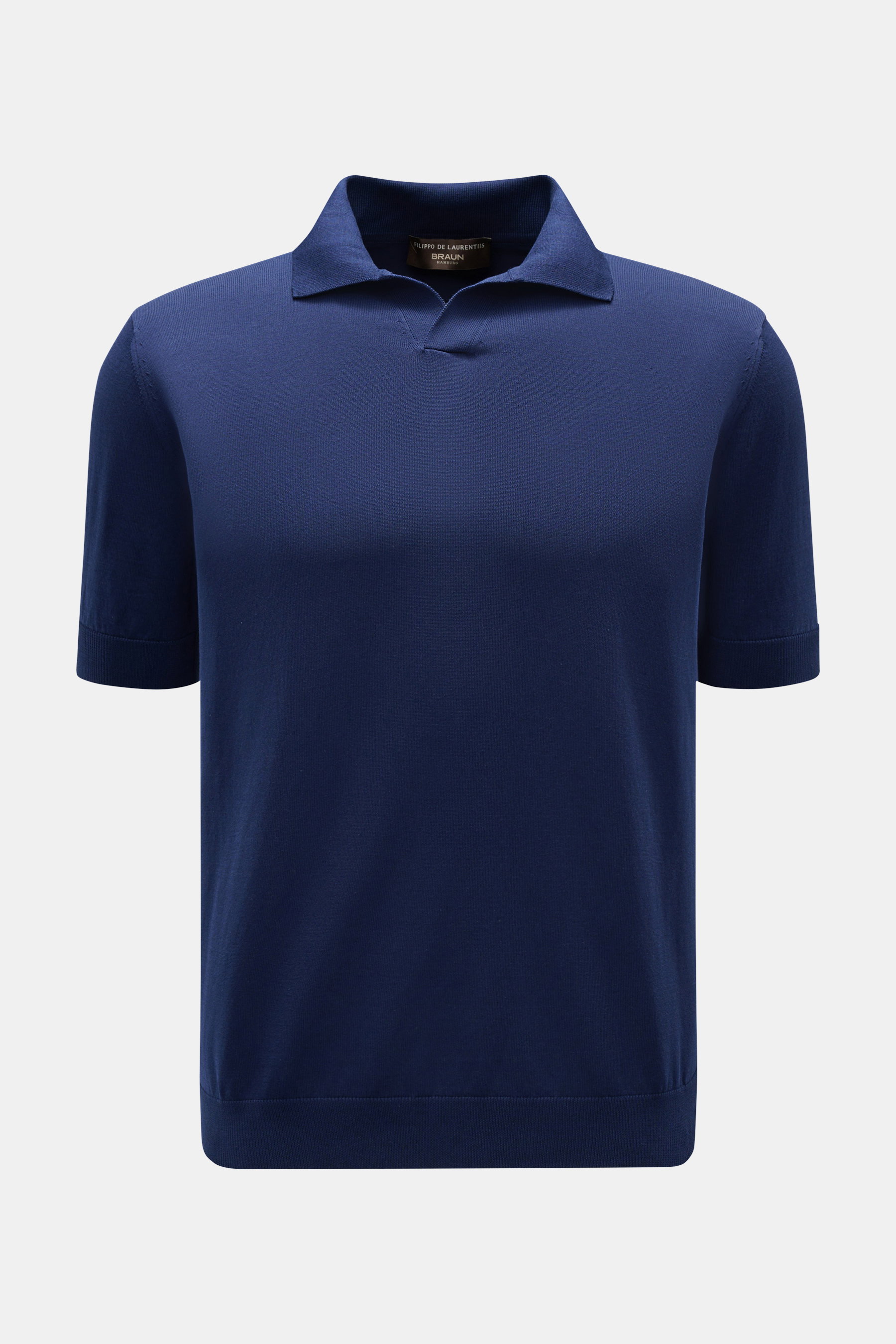 Filippo de Laurentiis Kurzarm-Strickpolo dunkelblau, slim fit, aus feinem Baumwollstrick, Polokragen mit offener Kragenleiste, frontal fotografiert.
