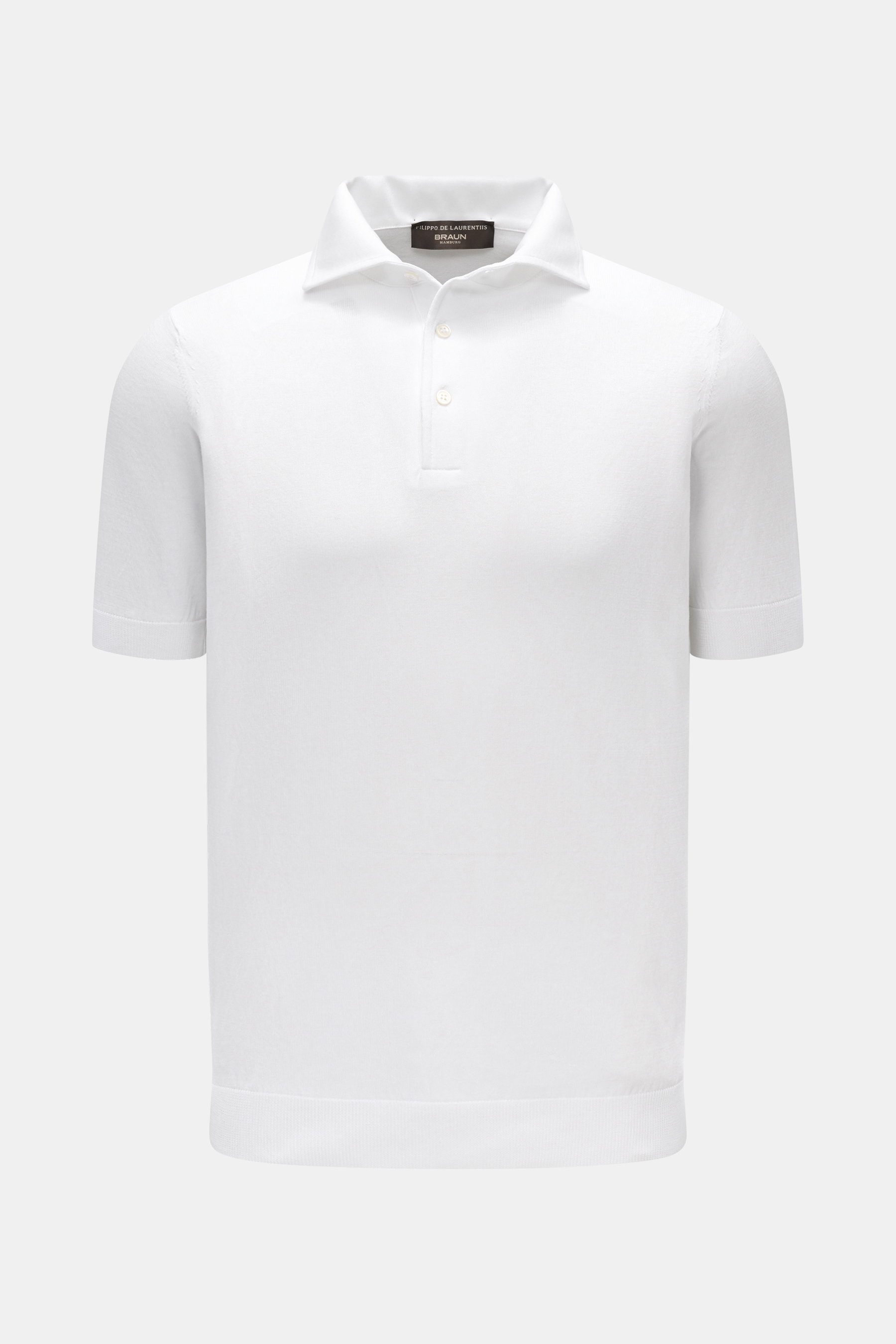 Filippo de Laurentiis Kurzarm-Strickpolo weiß, Slim Fit, reine Baumwolle, feiner Strick, Polokragen, Drei-Knopf-Leiste, Rippbündchen, frontale Perspektive.