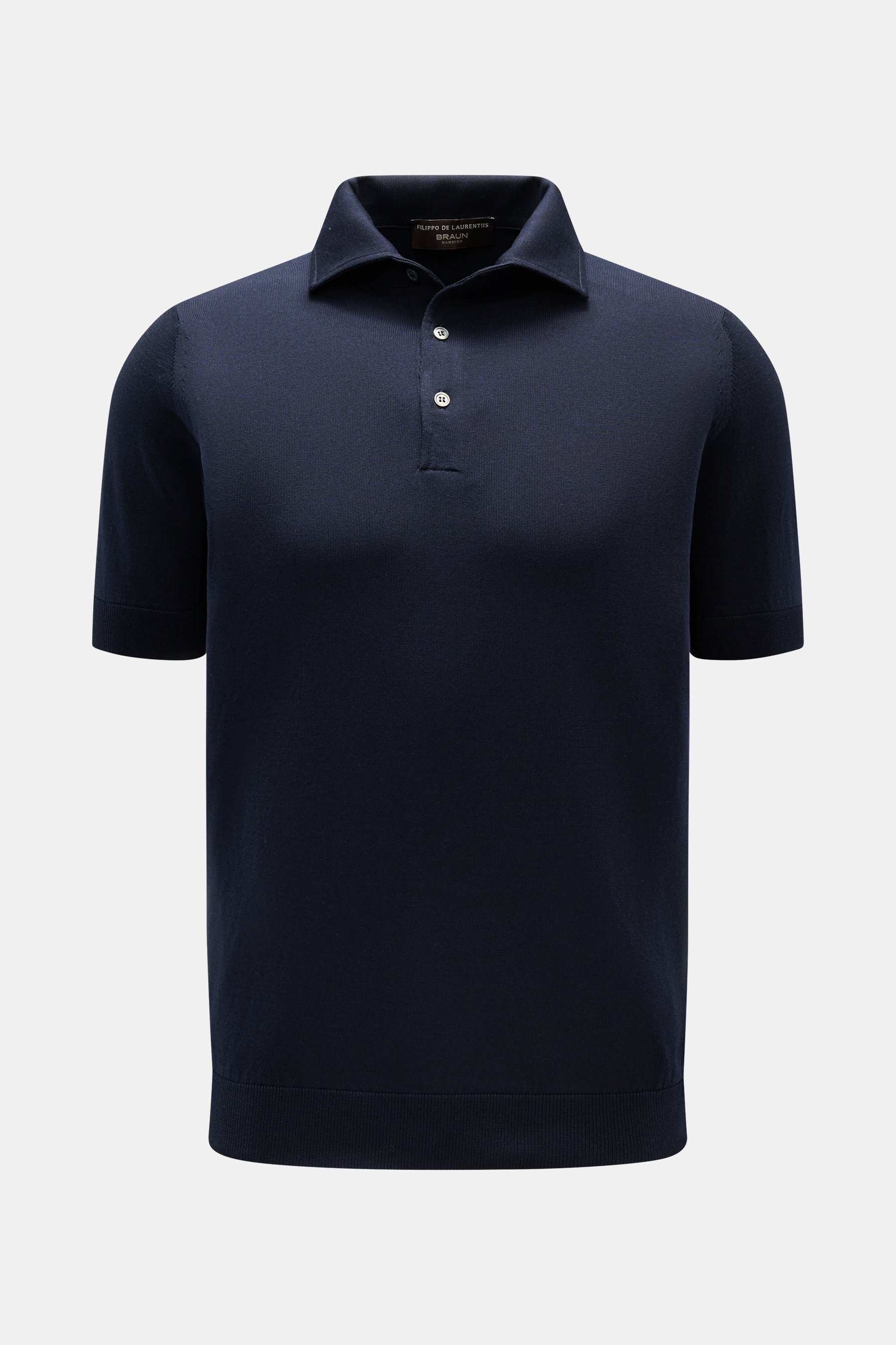 Filippo de Laurentiis Kurzarm-Strickpolo navy, Slim Fit, reine Baumwolle, feiner Strick, weicher Griff, Polokragen, Drei-Knopf-Leiste, Rippbündchen, frontale Ansicht.