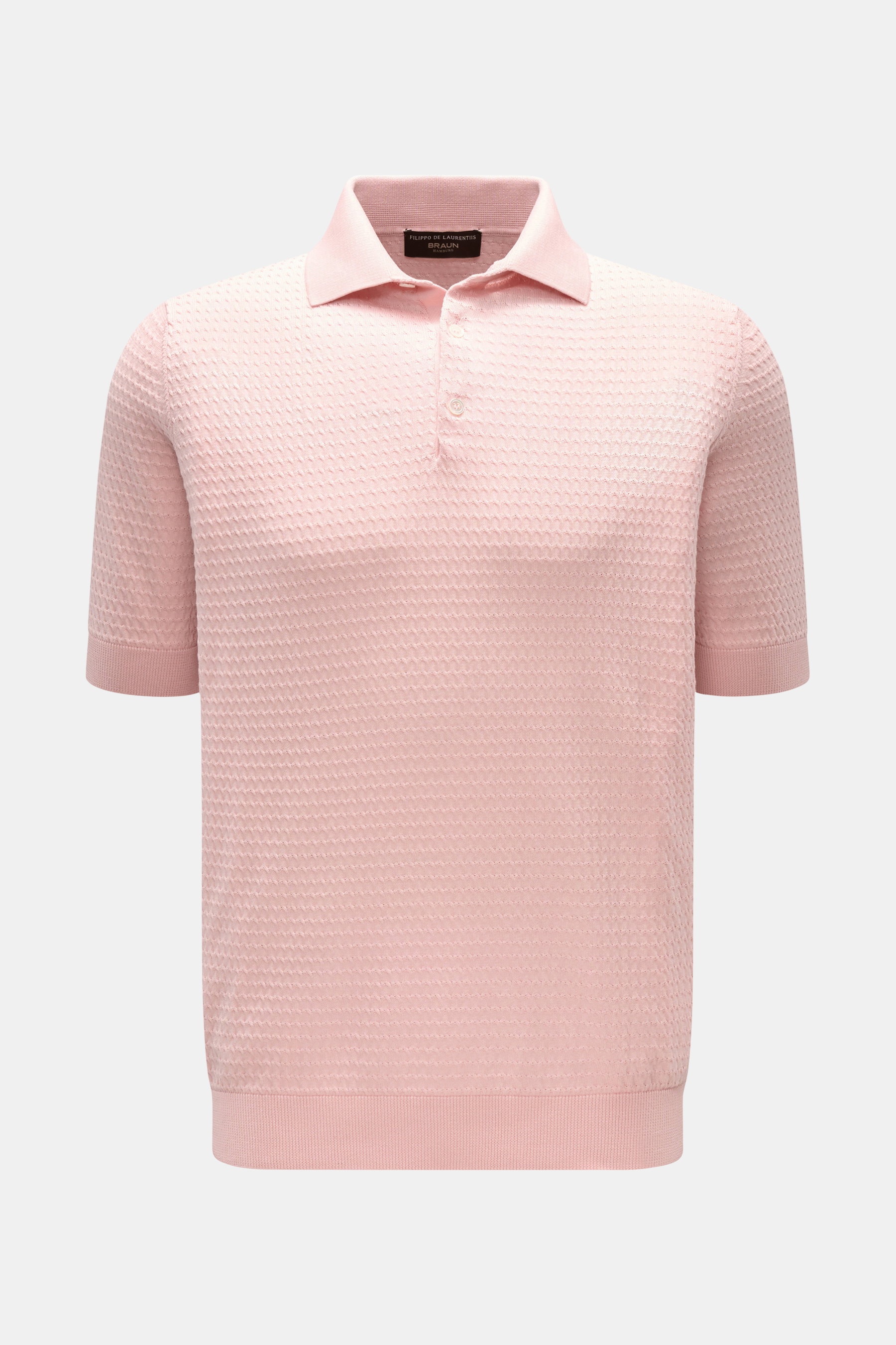 Filippo de Laurentiis Kurzarm-Strickpolo rosé, Slim Fit, feiner Strukturstrick, Polokragen, Drei-Knopf-Leiste, frontal fotografiert.