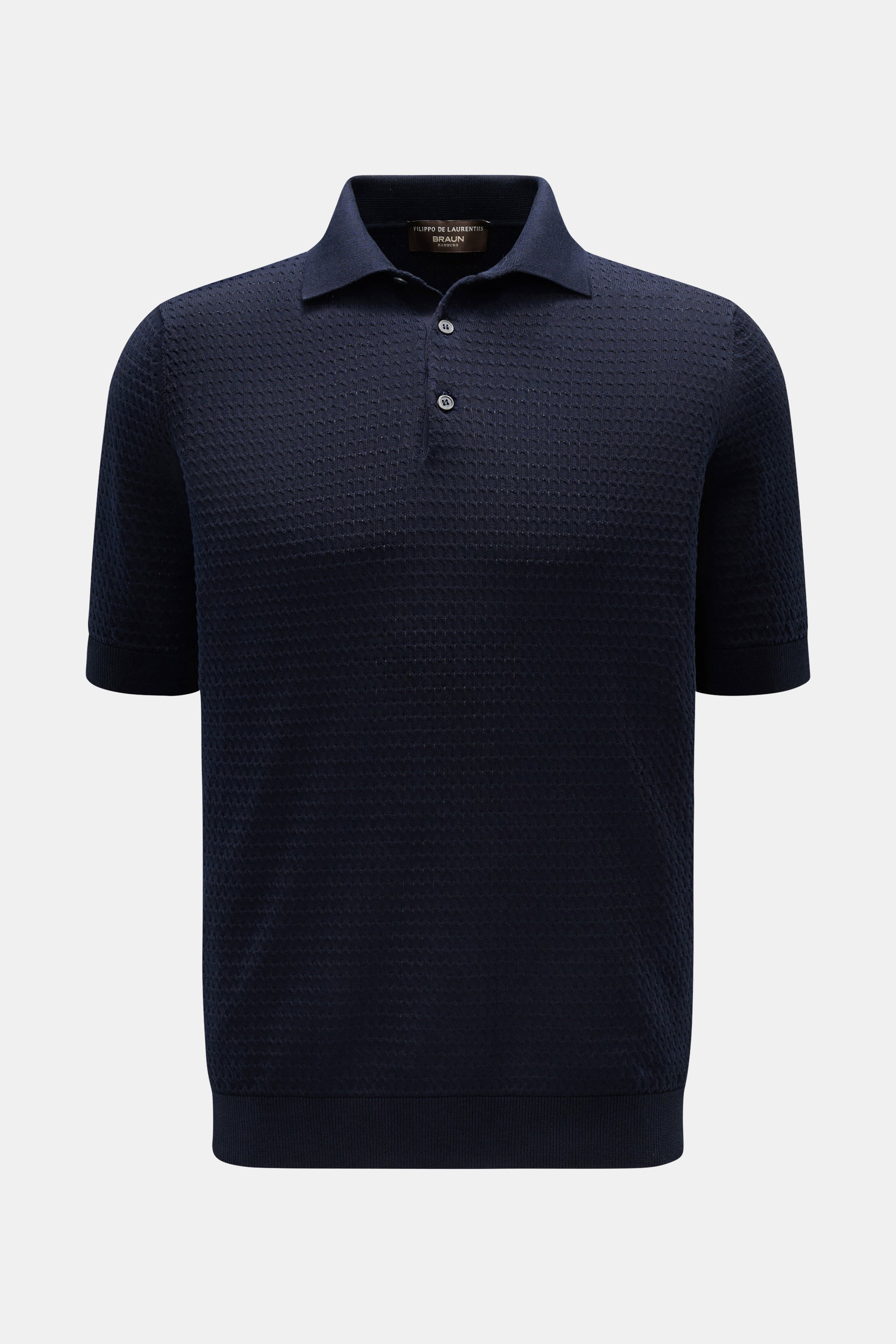 Filippo de Laurentiis Kurzarm-Strickpolo navy, Slim Fit, feiner Strukturstrick, Polokragen, Drei-Knopf-Leiste, von vorne fotografiert.