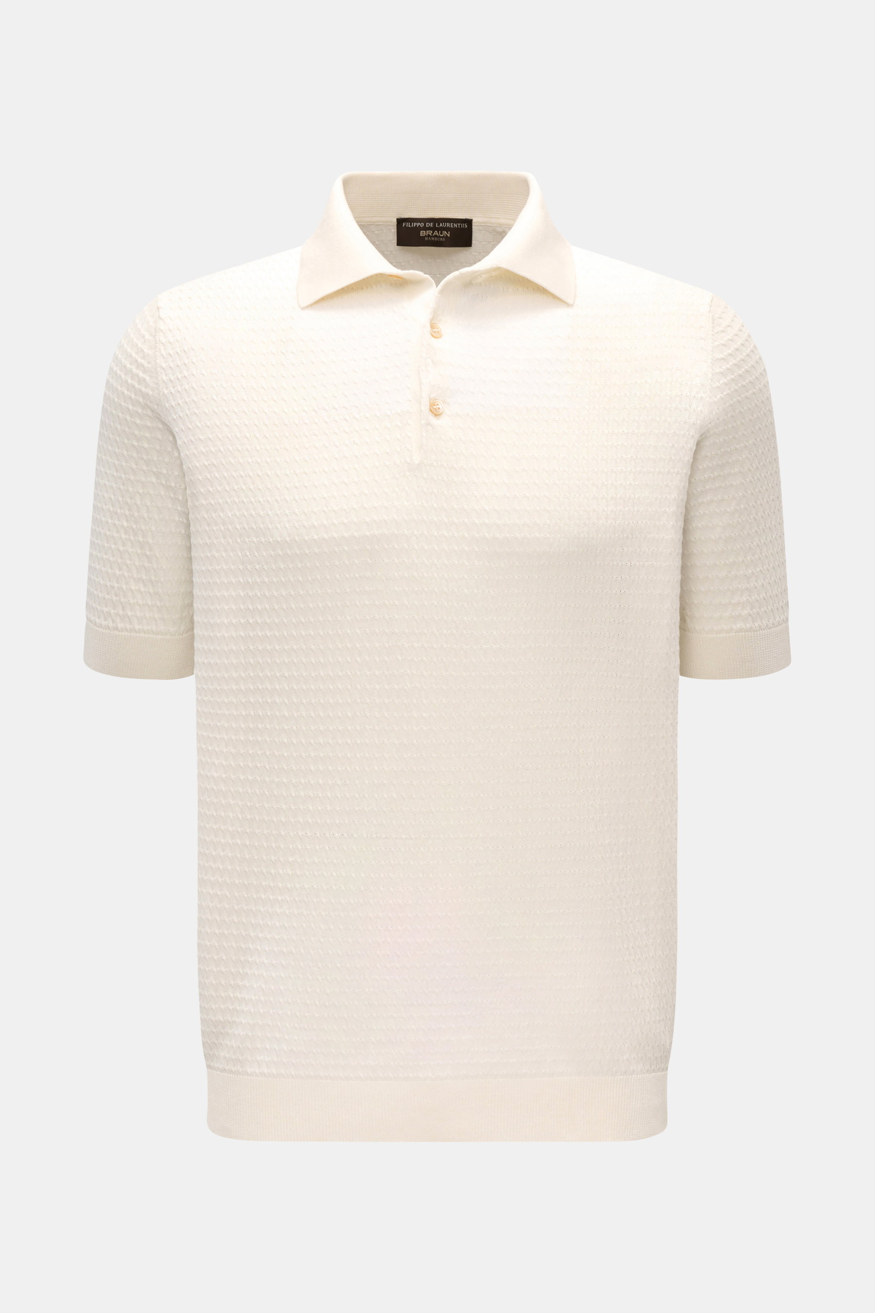 Filippo de Laurentiis Kurzarm-Strickpolo offwhite, Slim Fit, feiner Strukturstrick, gestrickter Polokragen, Drei-Knopf-Leiste, frontal fotografiert.
