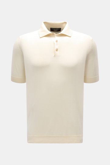 Front view of Filippo de Laurentiis Kurzarm-Strickpolo creme, a slim fit short-sleeve knit polo in soft pure cotton with a crafted collar, smooth three-button placket, fine ribbed cuffs, and a timeless design. <p>Ein perfektes Sommer-Basic: Das Kurzarm-St