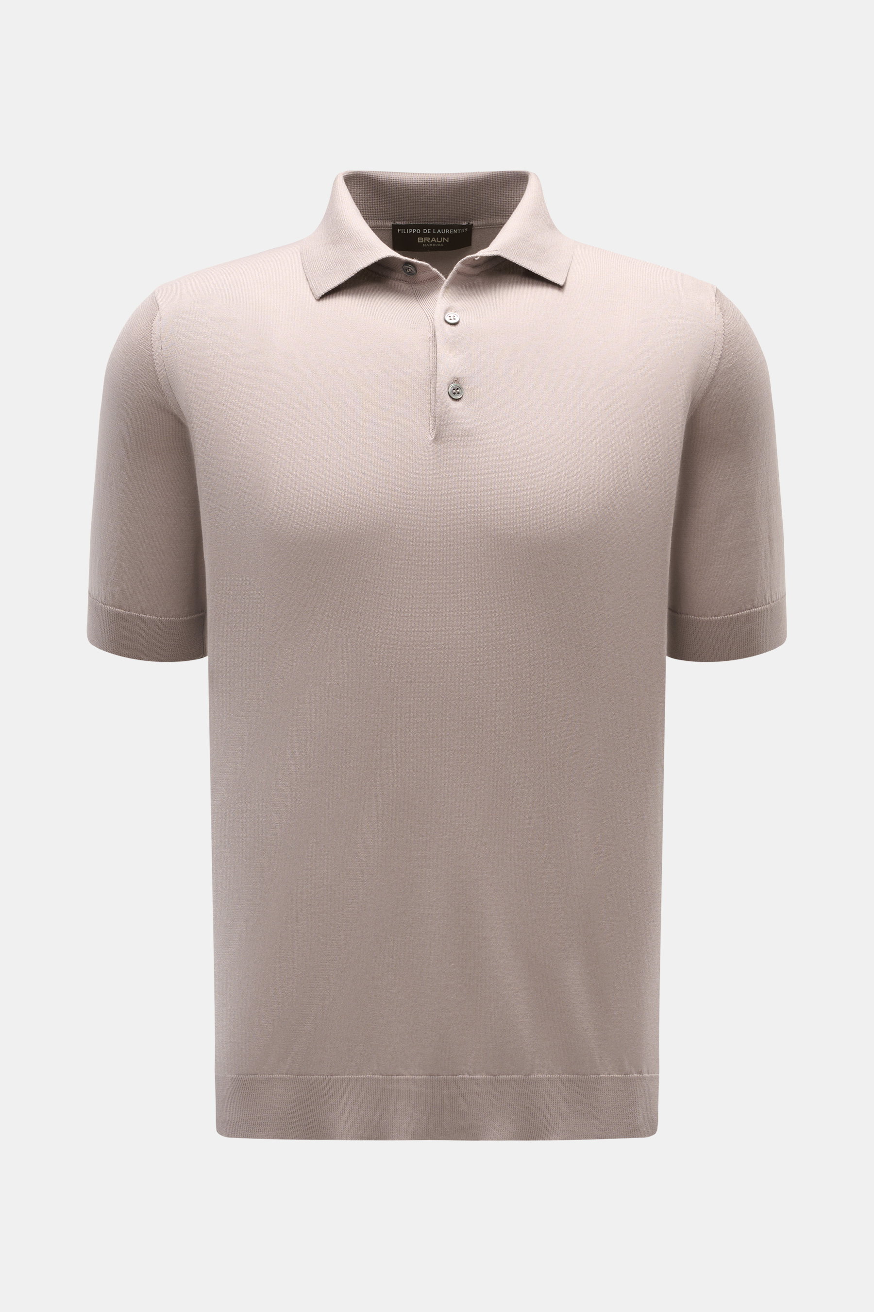 Filippo de Laurentiis Kurzarm-Strickpolo taupe von vorne, Slim Fit, reine Baumwolle, weicher Griff, feines Strickbild, Polokragen, Drei-Knopf-Leiste, Rippbündchen.