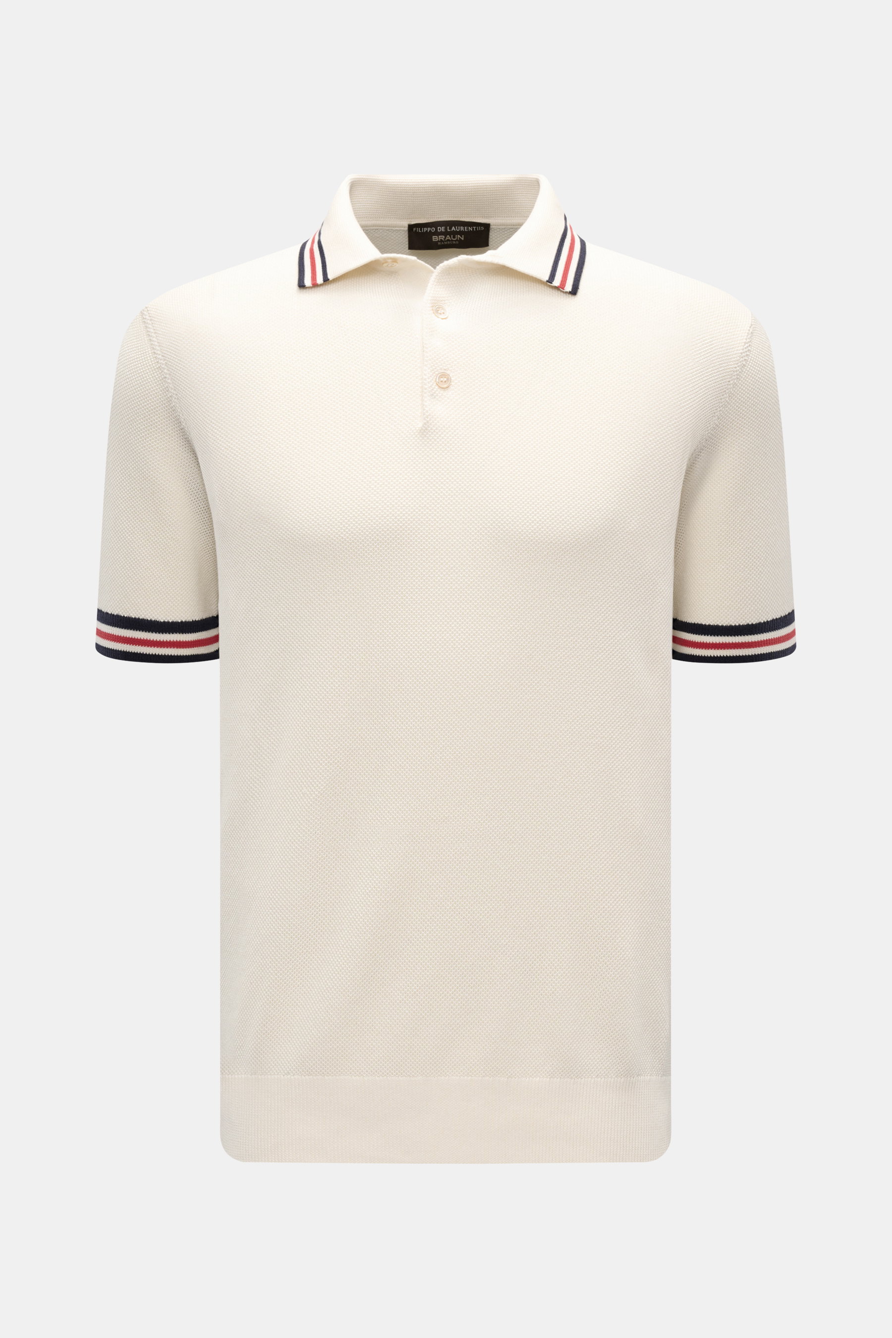 Filippo de Laurentiis Kurzarm-Strickpolo creme in Slim Fit, reine Baumwolle, Strukturstrick, Polokragen mit Kontraststreifen, Frontansicht.