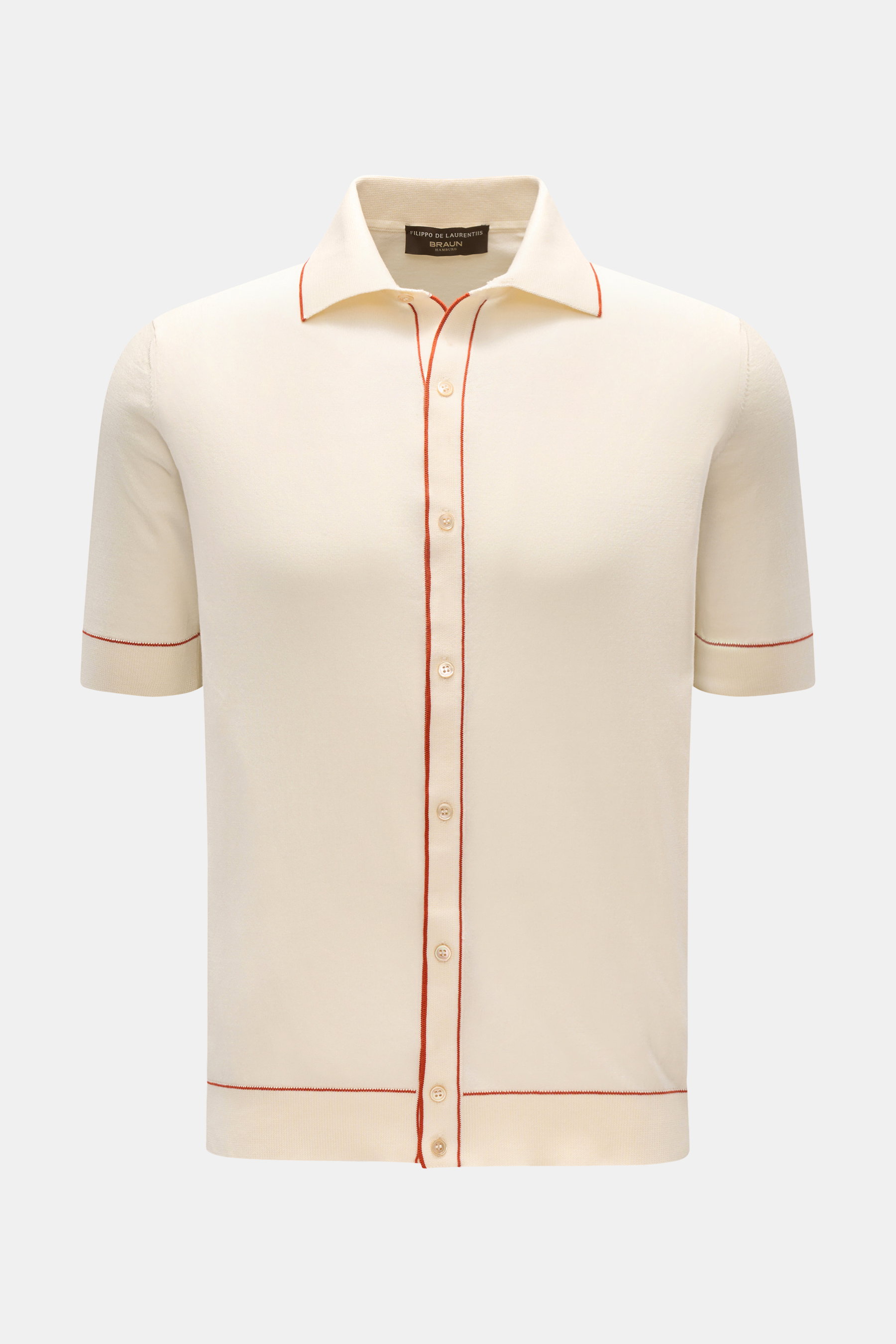 Filippo de Laurentiis Kurzarm-Strickhemd creme, frontal fotografiert, Slim Fit, reine Baumwolle mit feinen roten Kontraststreifen, Polokragen.