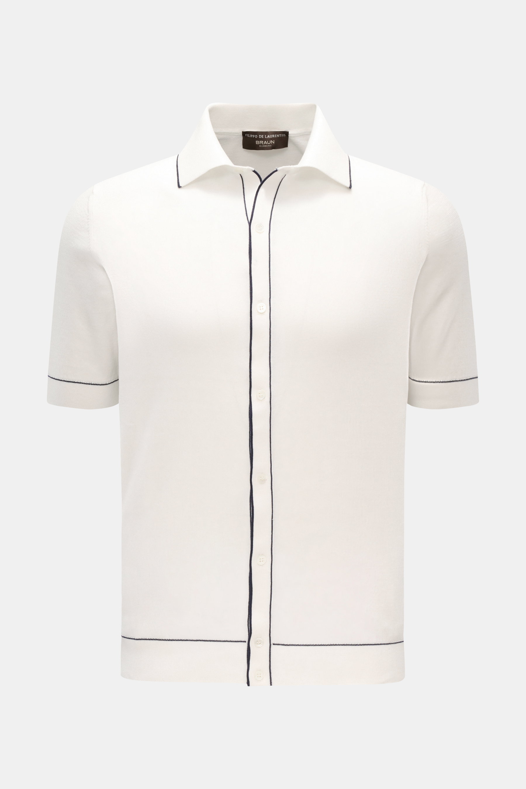 Filippo de Laurentiis Kurzarm-Strickhemd offwhite, Slim Fit, reine Baumwolle, feines Strickbild, Polokragen, Kontraststreifen, Rippbündchen, Frontalansicht.