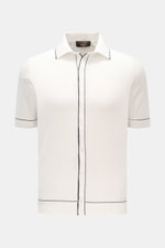 Filippo de Laurentiis Kurzarm-Strickhemd offwhite, Slim Fit, reine Baumwolle, feines Strickbild, Polokragen, Kontraststreifen, Rippbündchen, Frontalansicht.