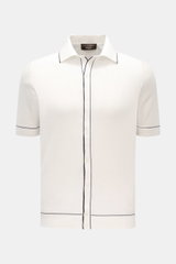 Filippo de Laurentiis Kurzarm-Strickhemd offwhite, Slim Fit, reine Baumwolle, feines Strickbild, Polokragen, Kontraststreifen, Rippbündchen, Frontalansicht.