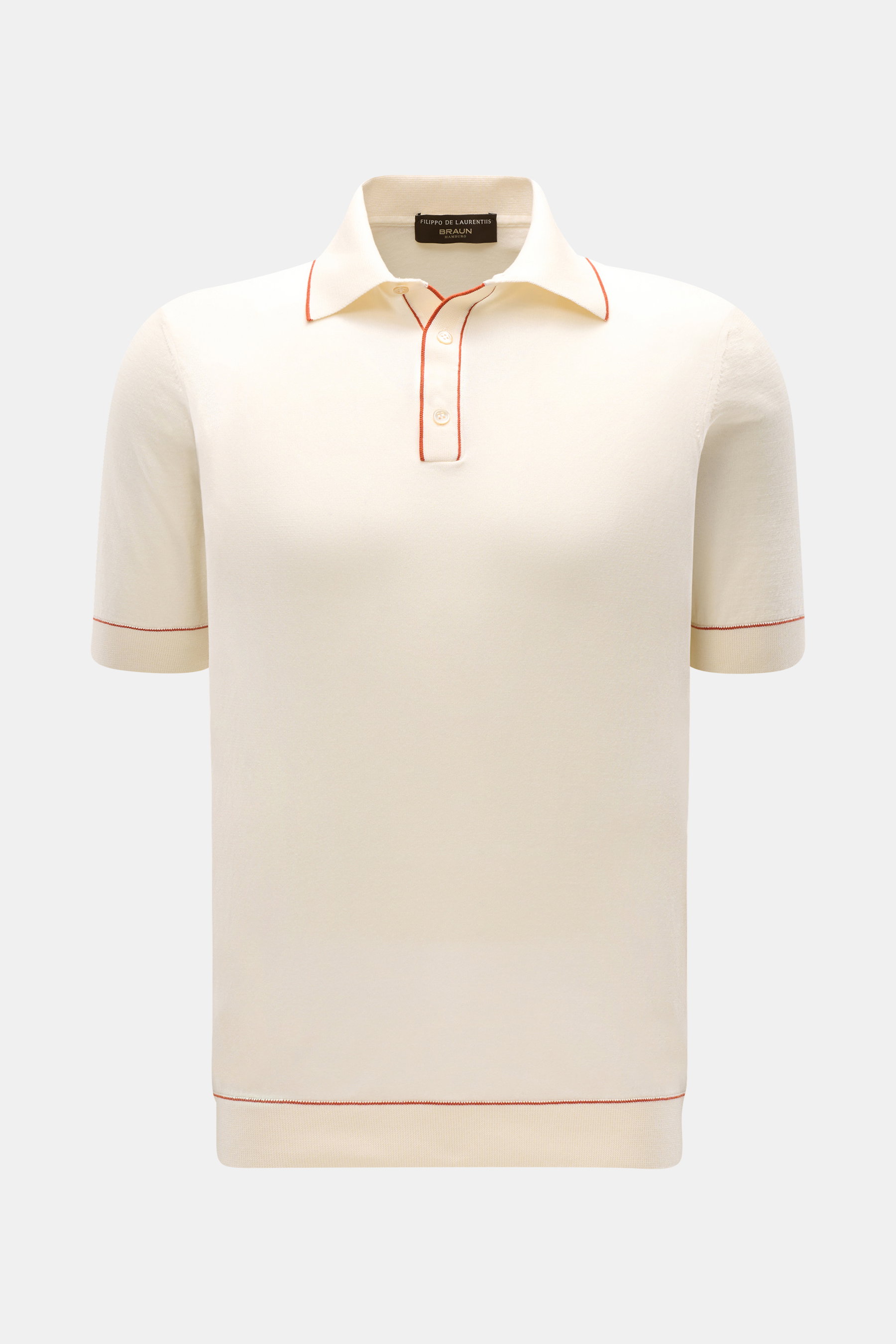 Front view of Filippo de Laurentiis Kurzarm-Strickpolo creme, a slim fit, short-sleeve knit polo in cream cotton with fine contrast edges. <p>Summerfeeling von FILIPPO DE LAURENTIIS: Dieses Strickpolo aus leichtem Baumwoll-Strick mit feinen Kontrastkanten