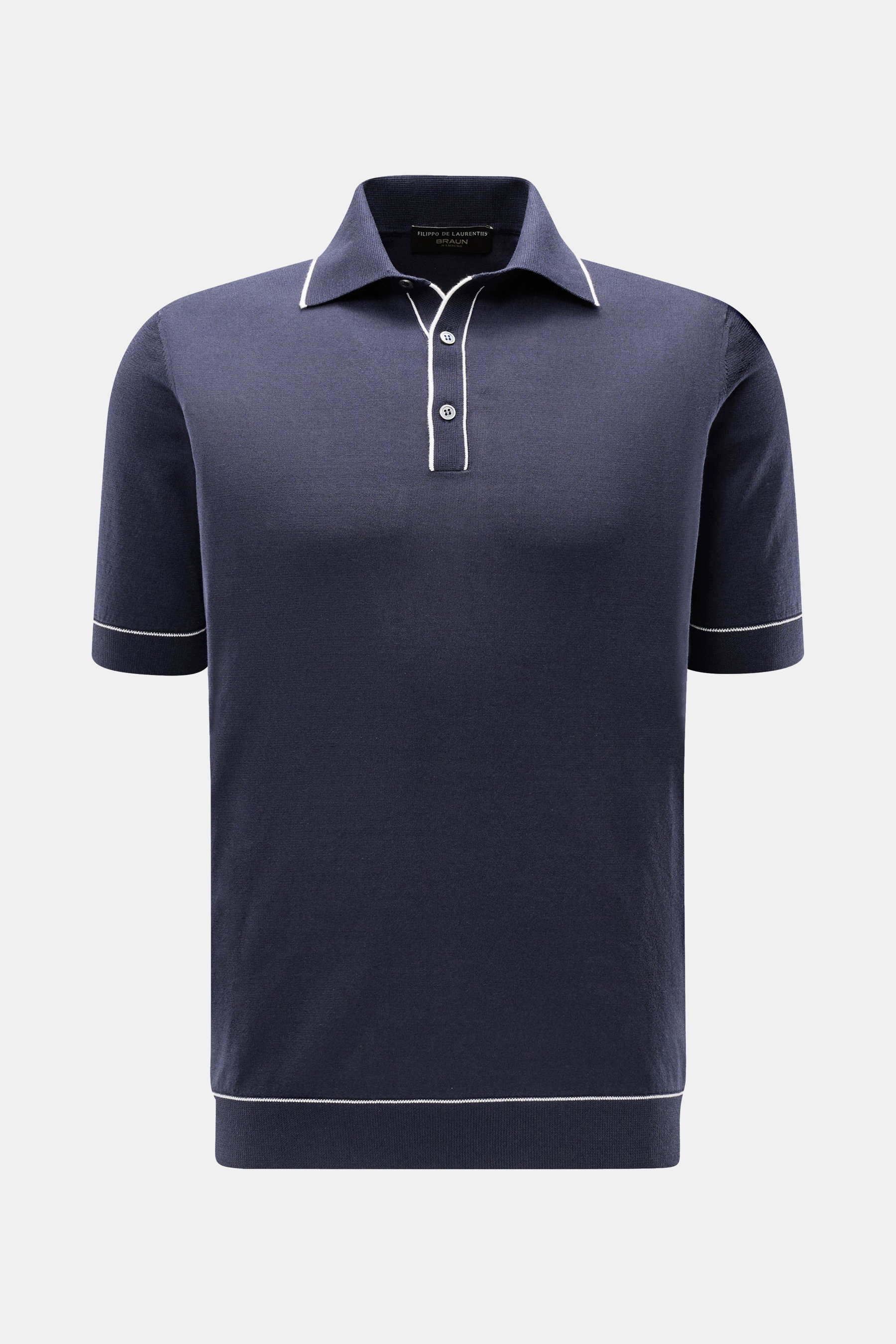 Front view of Filippo de Laurentiis Kurzarm-Strickpolo navy in slim fit, lightweight pure cotton knit with fine contrast edges, soft touch, knitted polo collar, three-button placket, and fine ribbed cuffs. <p>Summerfeeling von FILIPPO DE LAURENTIIS: Diese