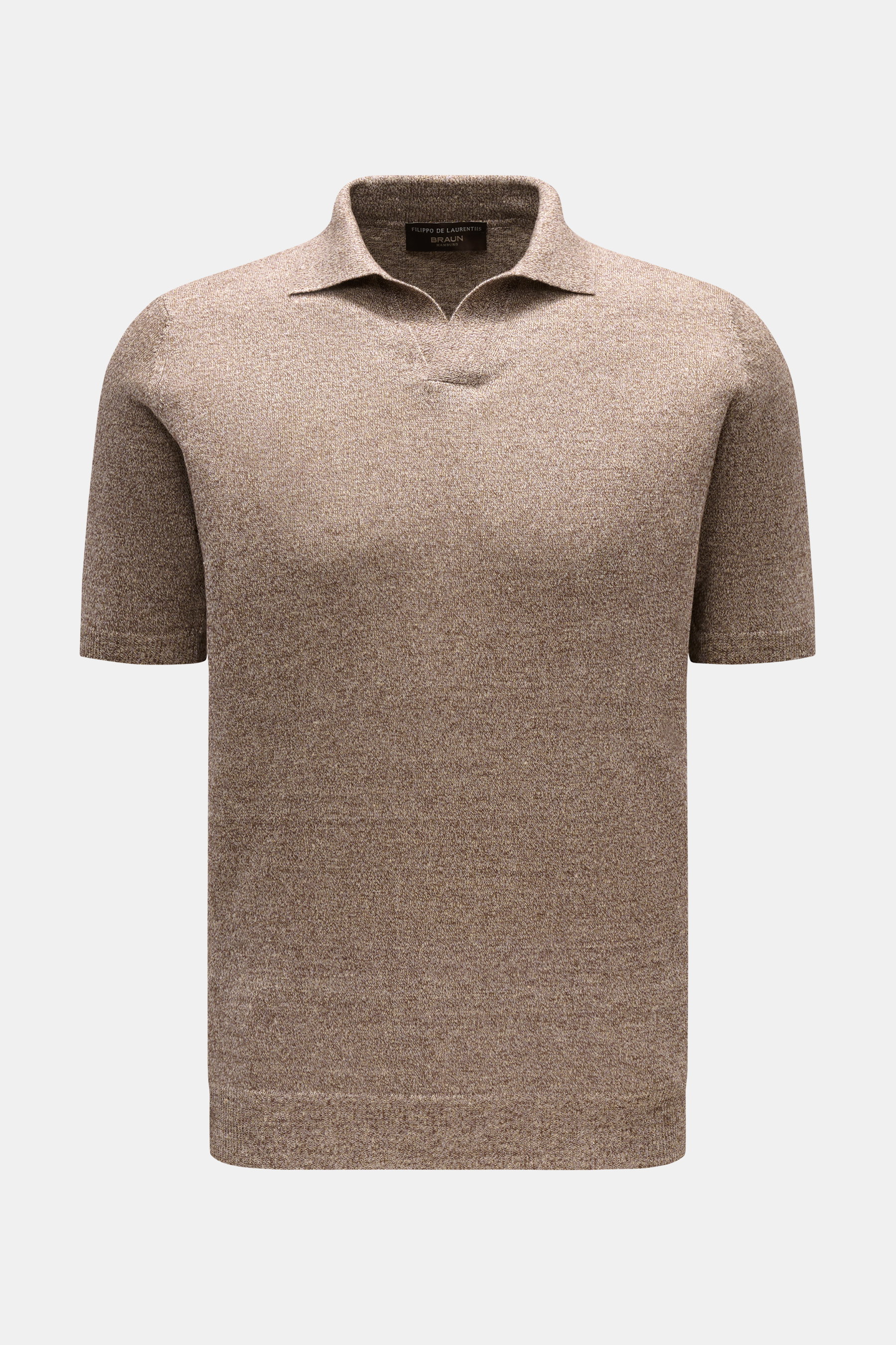 Filippo de Laurentiis Kurzarm-Strickpolo "Skipper" braun/creme meliert, Slim Fit, aus Leinen-Baumwoll-Mix, feines Strickbild, weicher Griff, von vorne.