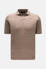 Front view of Filippo de Laurentiis Kurzarm-Strickpolo 'Skipper' braun/creme meliert, a slim fit short-sleeve knit polo with classic collar, open placket, soft linen-cotton mix, fine knit texture, and comfortable ribbed cuffs, perfect for casual summer of