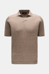 Front view of Filippo de Laurentiis Kurzarm-Strickpolo 'Skipper' braun/creme meliert, a slim fit short-sleeve knit polo with classic collar, open placket, soft linen-cotton mix, fine knit texture, and comfortable ribbed cuffs, perfect for casual summer of