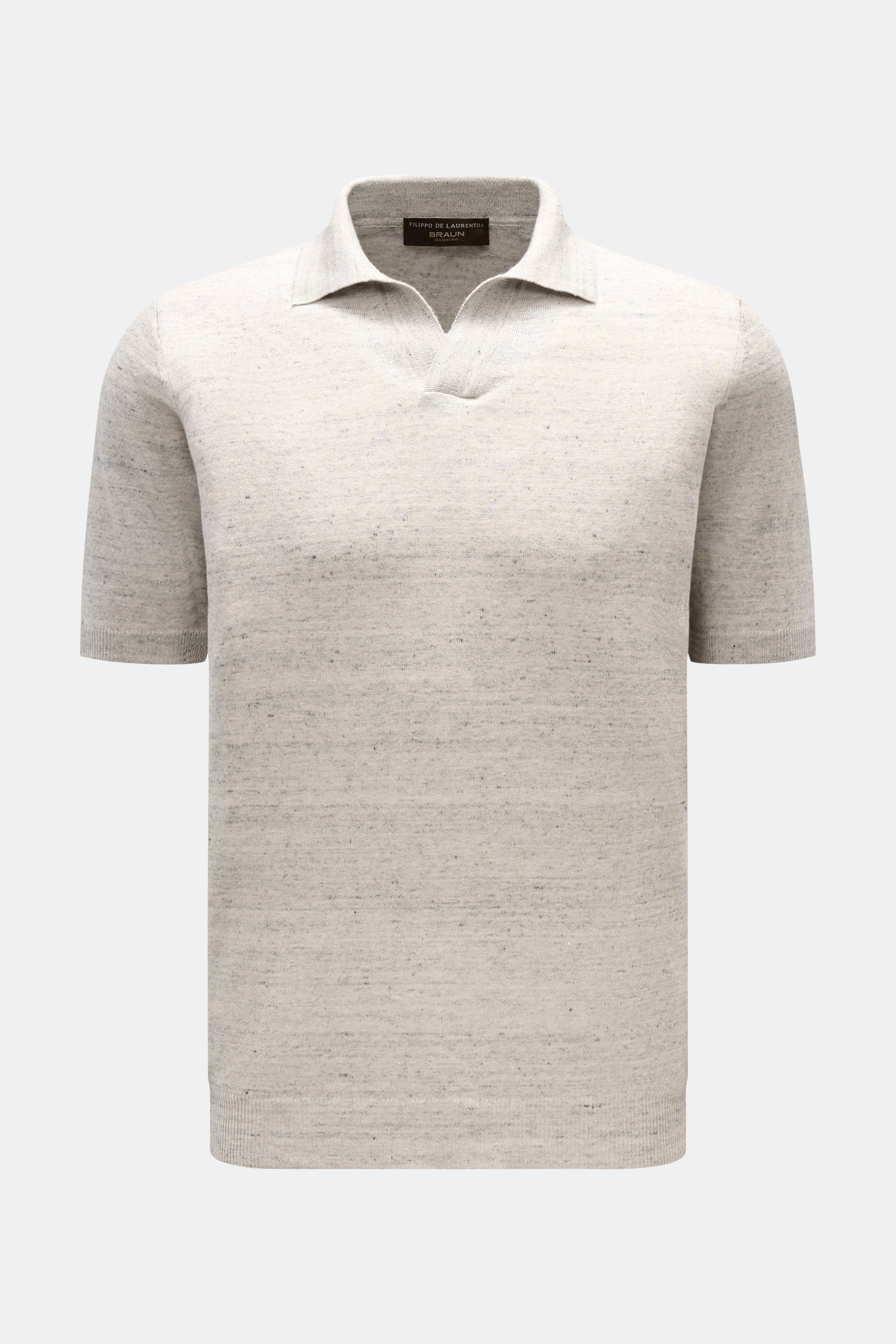 Filippo de Laurentiis Kurzarm-Strickpolo "Skipper" grau/anthrazit meliert, slim fit, zweifarbige Melangeoptik, Polokragen, offene Kragenleiste, Rippbündchen, aus Leinen-Baumwoll-Mix, weich, feines Strickbild, frontal fotografiert.
