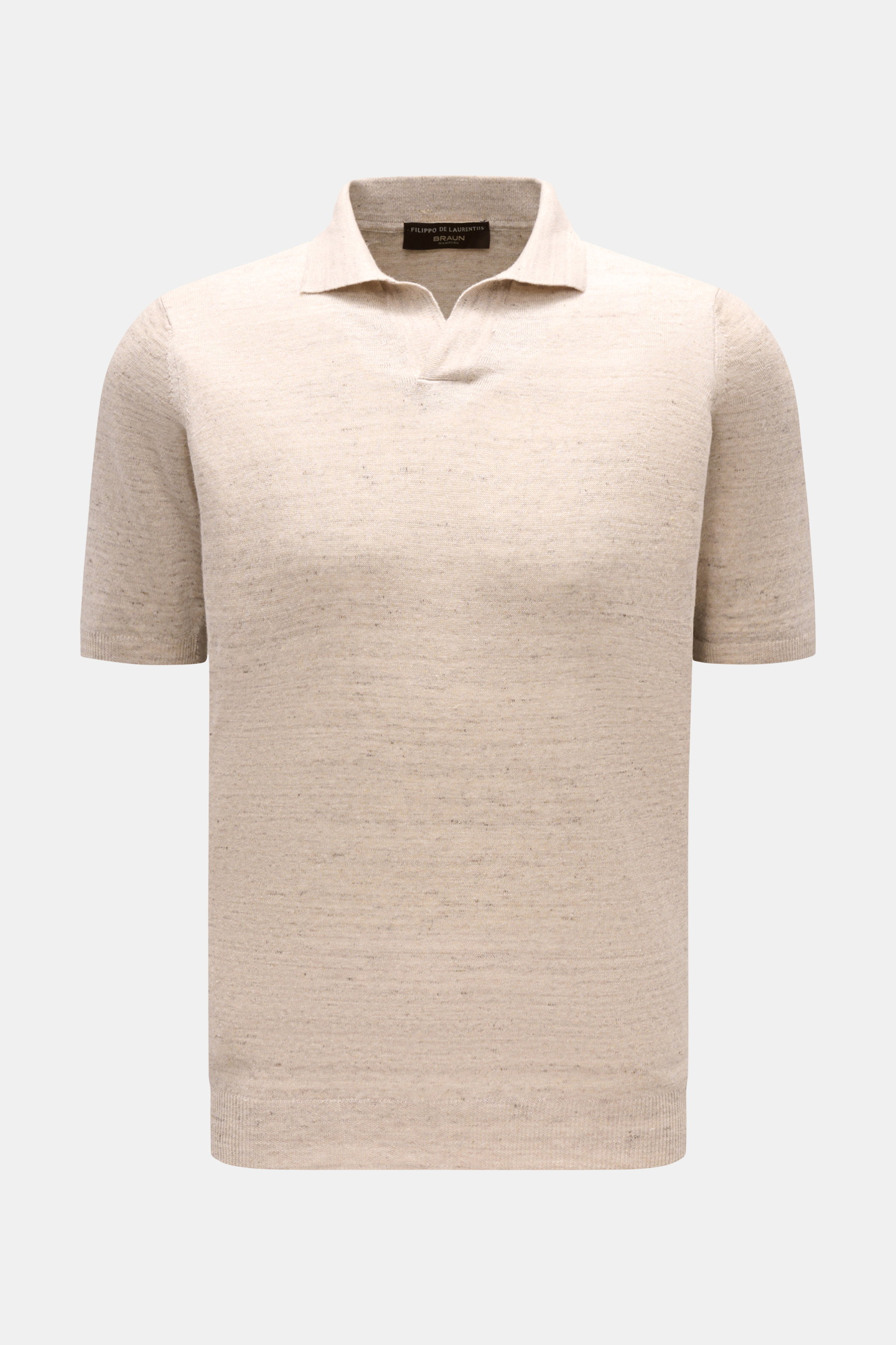 Filippo de Laurentiis Kurzarm-Strickpolo "Skipper" grau/beige meliert, frontale Nahaufnahme, Leinen-Baumwollmix, Slim Fit, Polokragen, offener Kragen, Rippbündchen, feines Strickbild, weicher Griff.